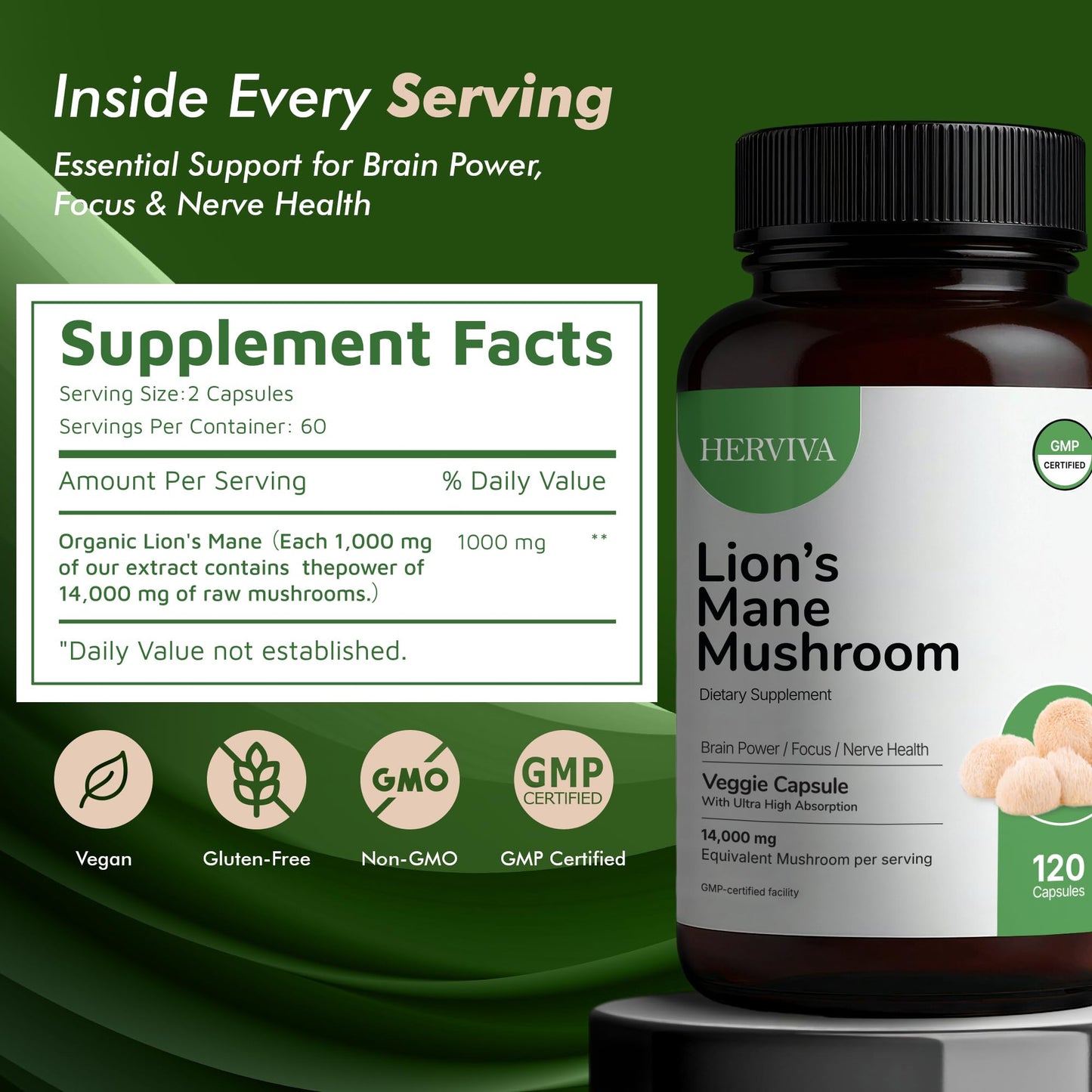 HERVIVA Lions Mane Mushroom Supplement 120 Capsules