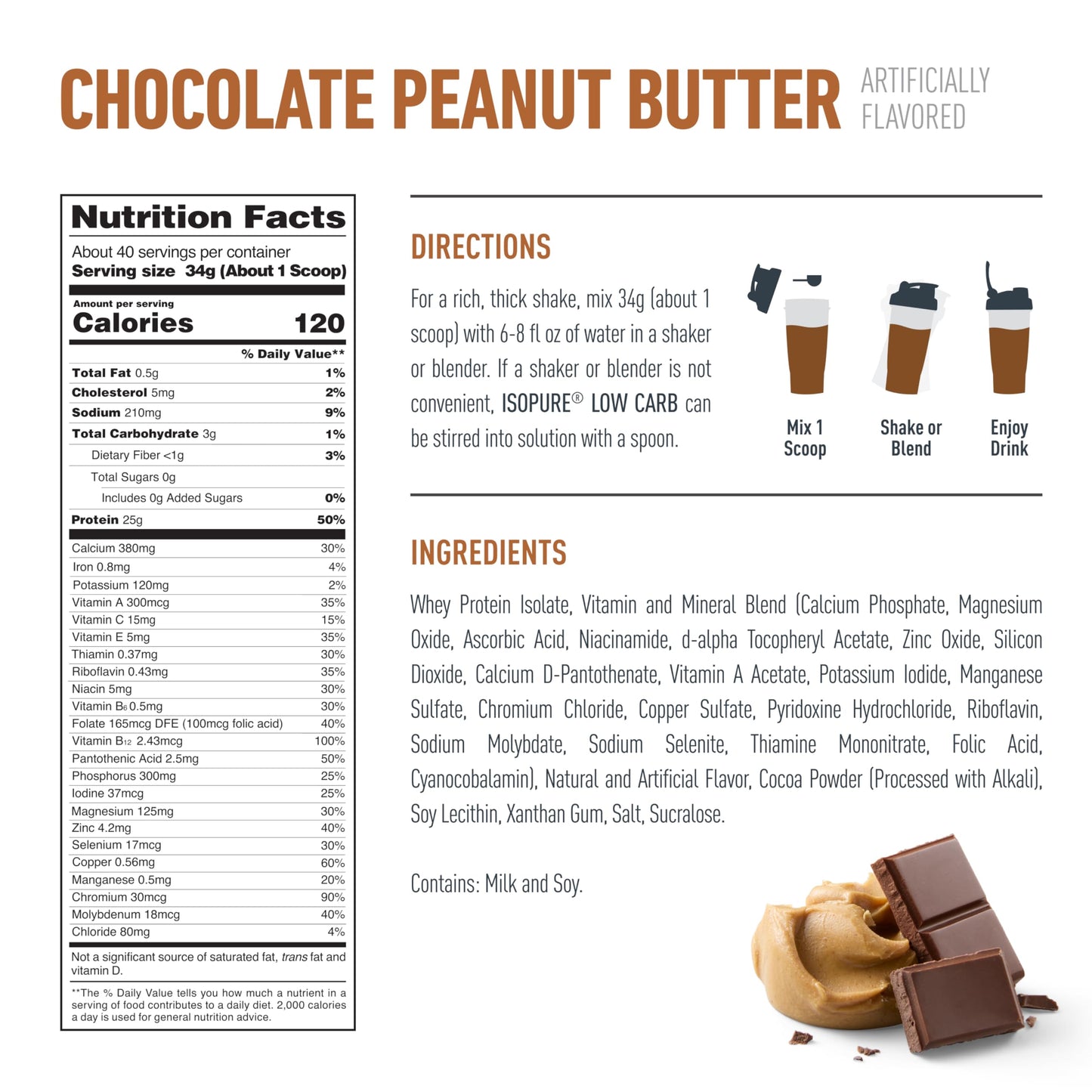 Isopure Low Carb 100% Pure Whey Isolate Protein Powder, Chocolate Peanut Butter, 3 Lbs, 40 Servings