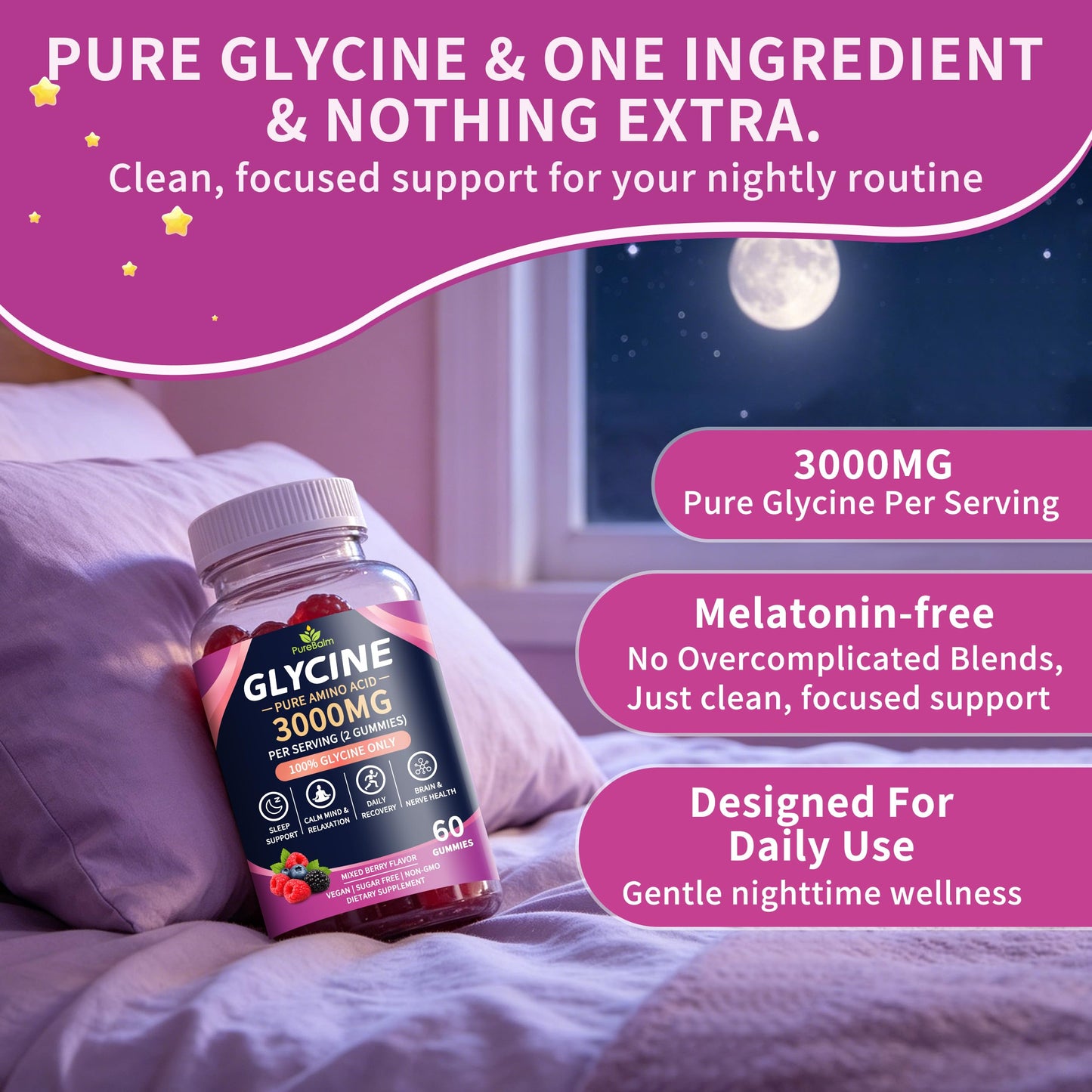 PureBalm Glycine Gummies 3g, Supports Sleep, Muscle Recovery & Nerve System Health, Melatonin Free, Sugar Free, Vegan-Mixed Berry Flavor, 120 Gummies