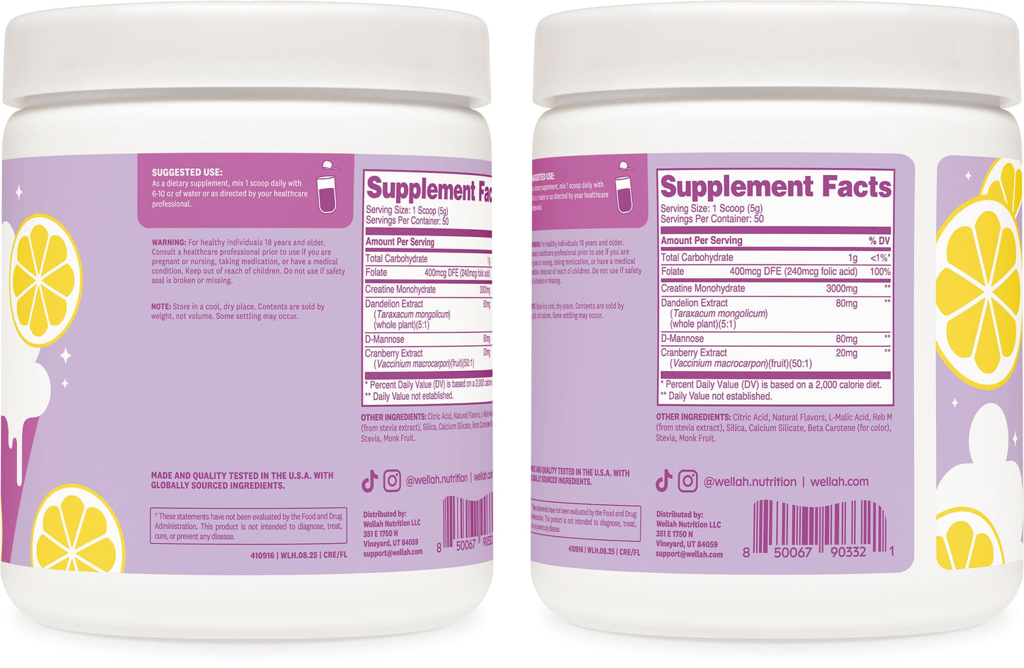 Wellah Creatine for Women - Creatine Monohydrate with Dandelion & Cranberry Extract Powder, 50 Servings