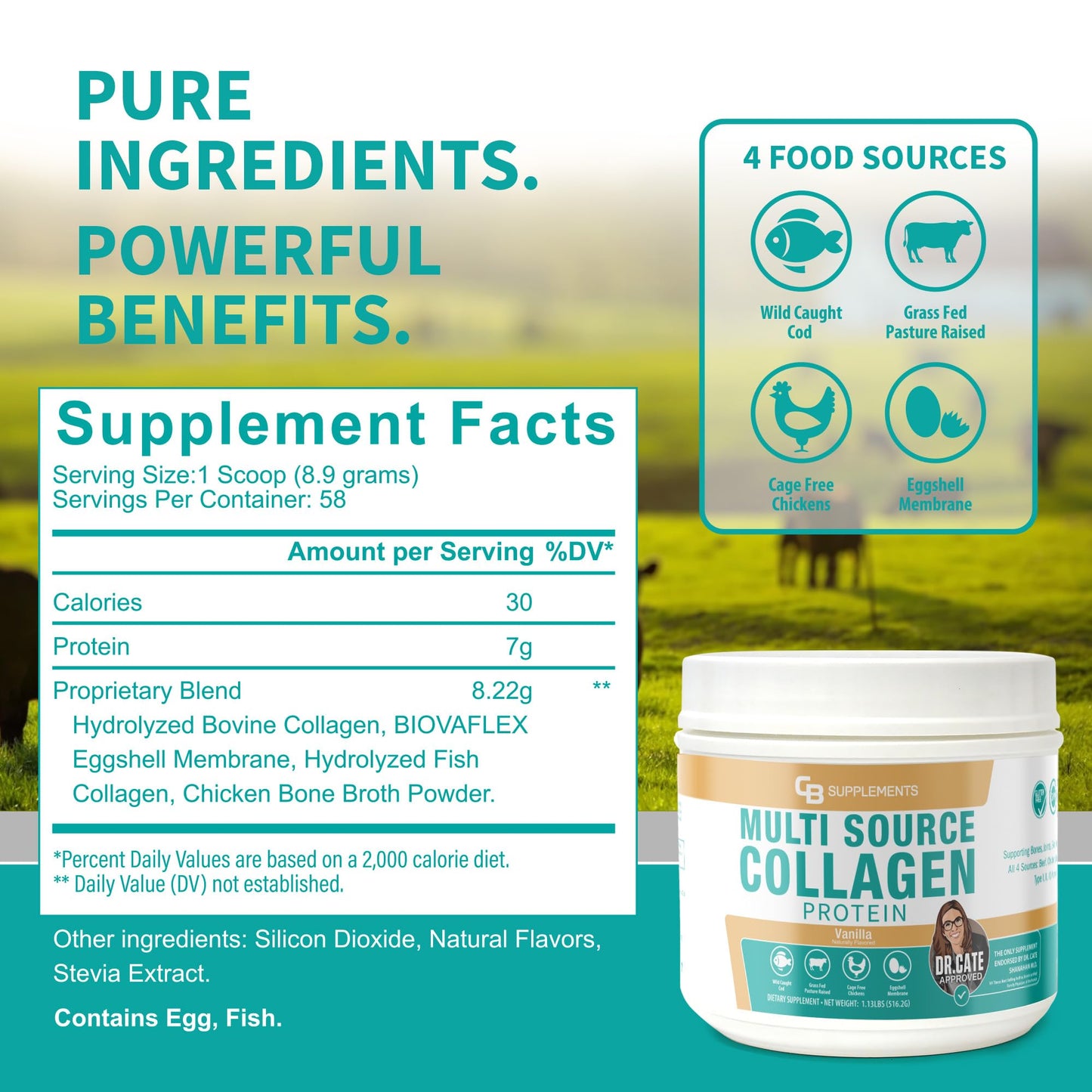 CB Supplements Multi Collagen Protein Powder, Vanilla Flavored, 58 Servings