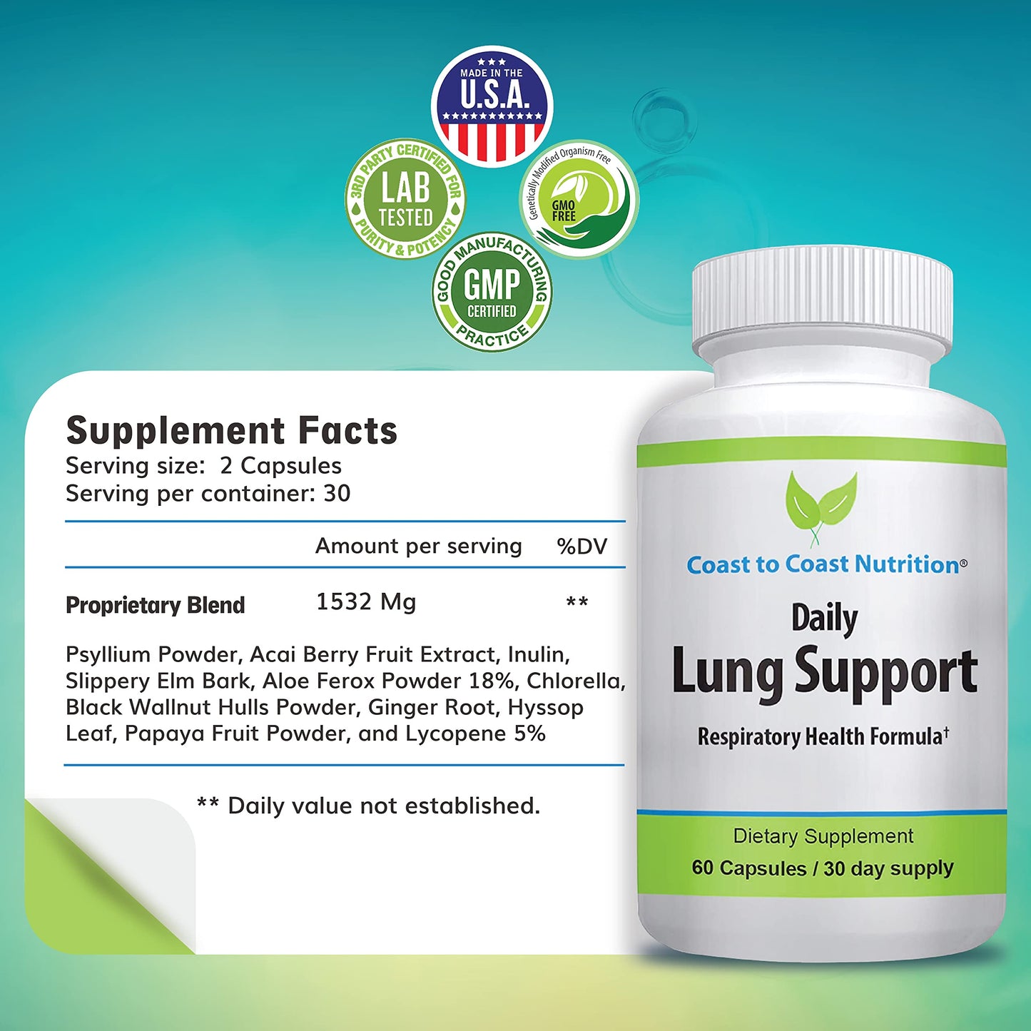 Coast to Coast Nutrition Daily Lung Cleanser & Detox Support Supplement, 60 Capsules