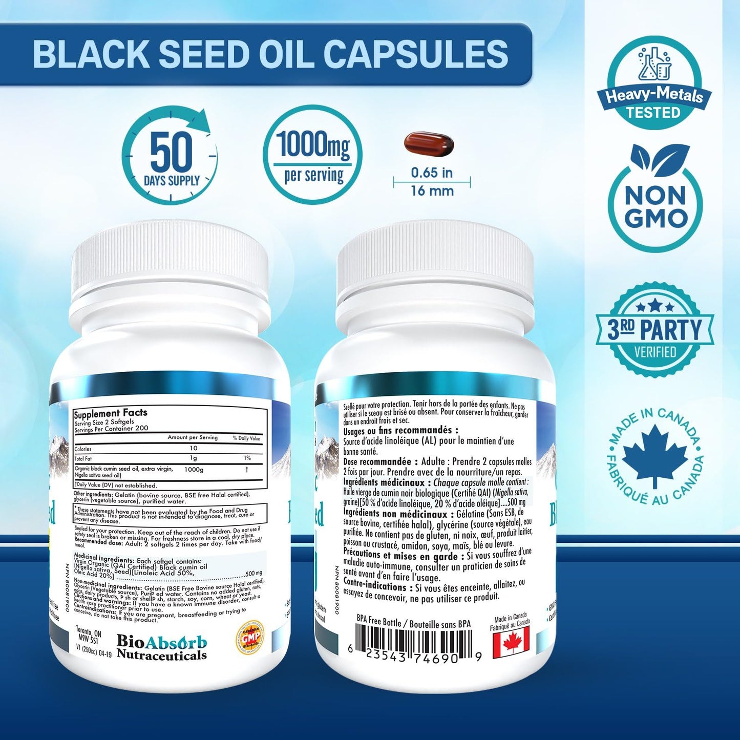 Bio Absorb Nutraceuticals Black Seed Oil Cold Pressed Softgels, 500mg, 200 Count