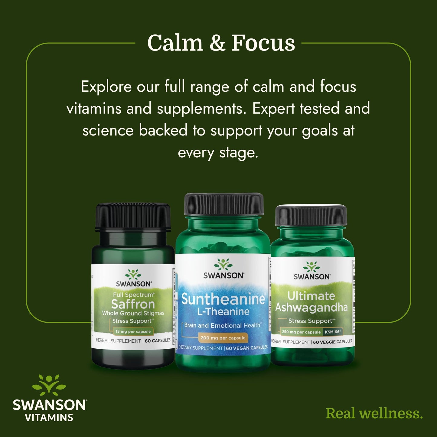 Swanson Suntheanine L-Theanine Calm and Focus Supplement for Stress-Prone Professionals Seeking Balanced Wellbeing, 200 mg, 60 Veggie Capsules