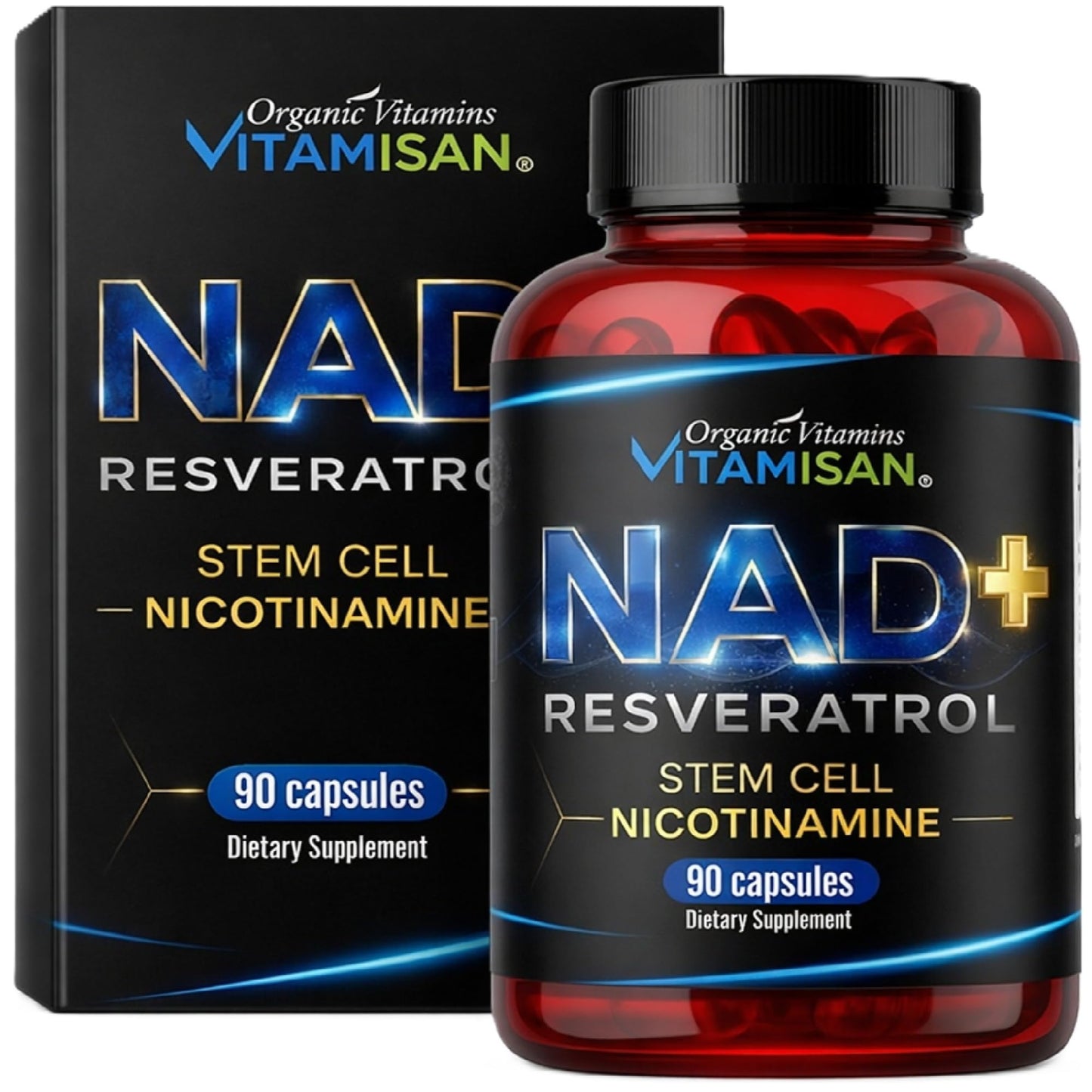 VITAMISAN NAD+ Resveratrol with NMN, NR & CoQ10 – Cellular Energy Support, Anti-Aging & Antioxidant Formula – Stem Cell & Nicotinamide Supplement – 90 Capsules