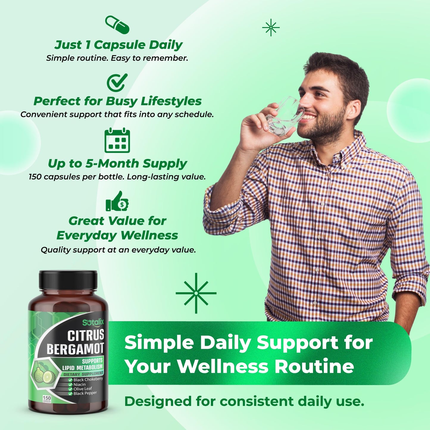 Sotalix Supplement Premium Citrus Bergamot Organic Bergamot Supplement with Niacin, Black Chokeberry, Olive Leaf, Black Pepper - Heart & Circulatory Function Support Capsules 150 Count