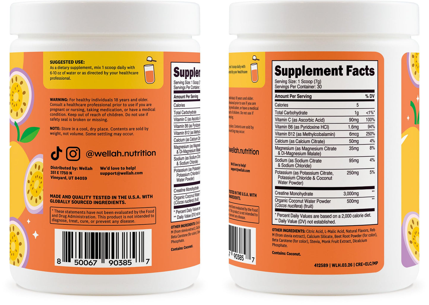Wellah Creatine + Electrolytes Powder (Mango Passionfruit) 7.2 Ounces