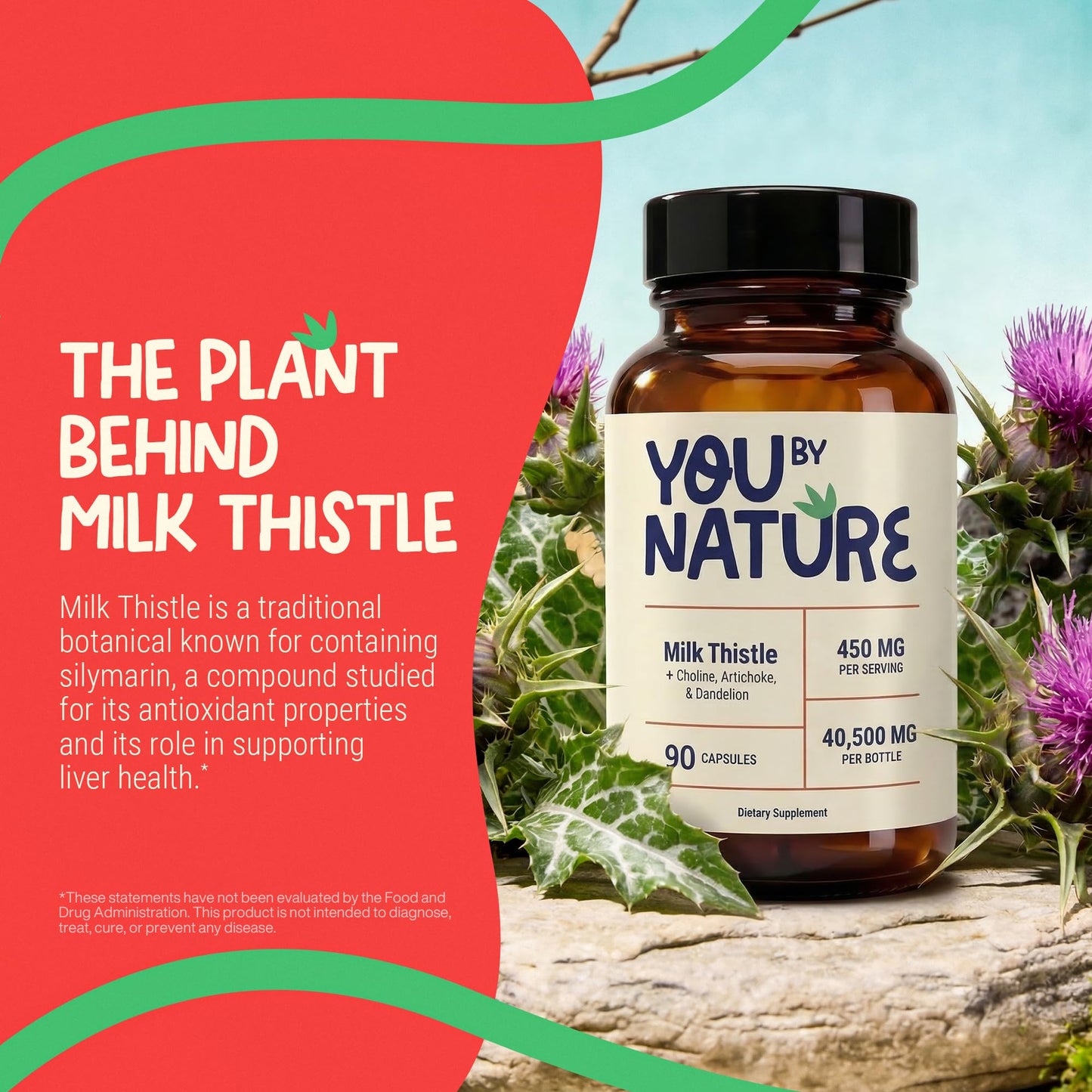 YOUBYNATURE Milk Thistle Complex with Choline, Artichoke Leaf & Dandelion Extract, Silymarin, Alpha GPC 90 Capsules
