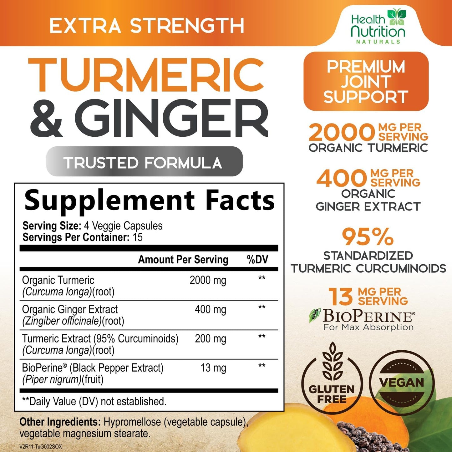 Health Nutrition Naturals Turmeric Curcumin Supplement - 2200mg, 95% Curcuminoids, 60 Capsules