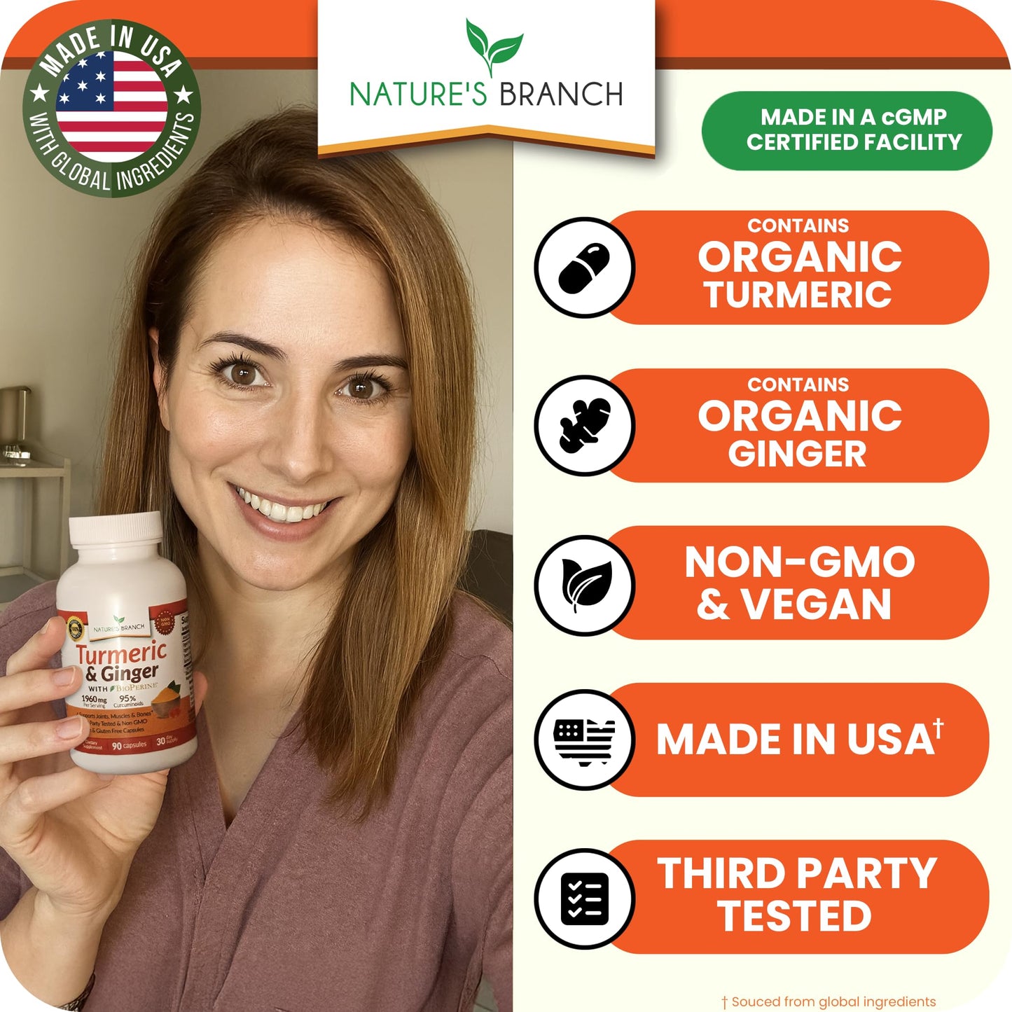 Nature's Branch Turmeric and Ginger Supplement for Joint Support & Digestive Health Capsules, 90 Count