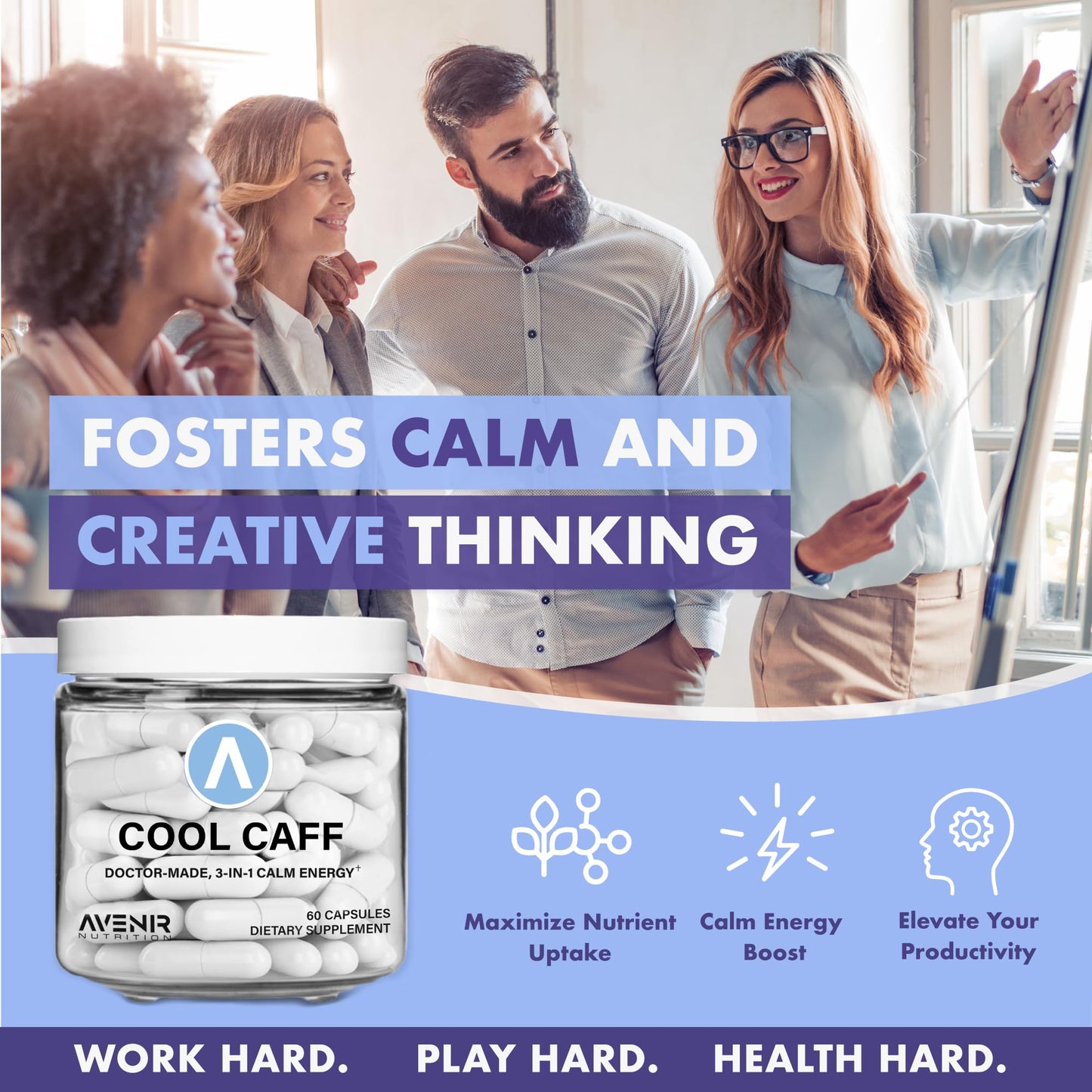 Avenir Nutrition Cool Caff Energy Supplements, L-Theanine and Caffeine - Energy Boost and Focus - Pre Workout for Women and Men, Coffee Alternative, 60 Capsules