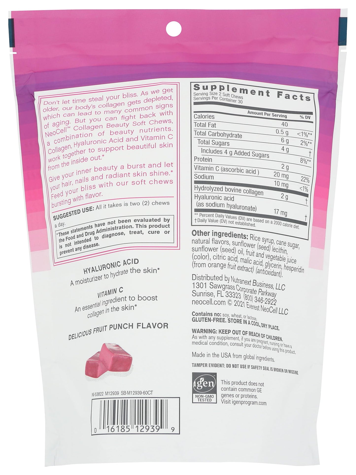 NeoCell Fruit Punch Beauty Burst Collagen Chews Chewable, 60 Count