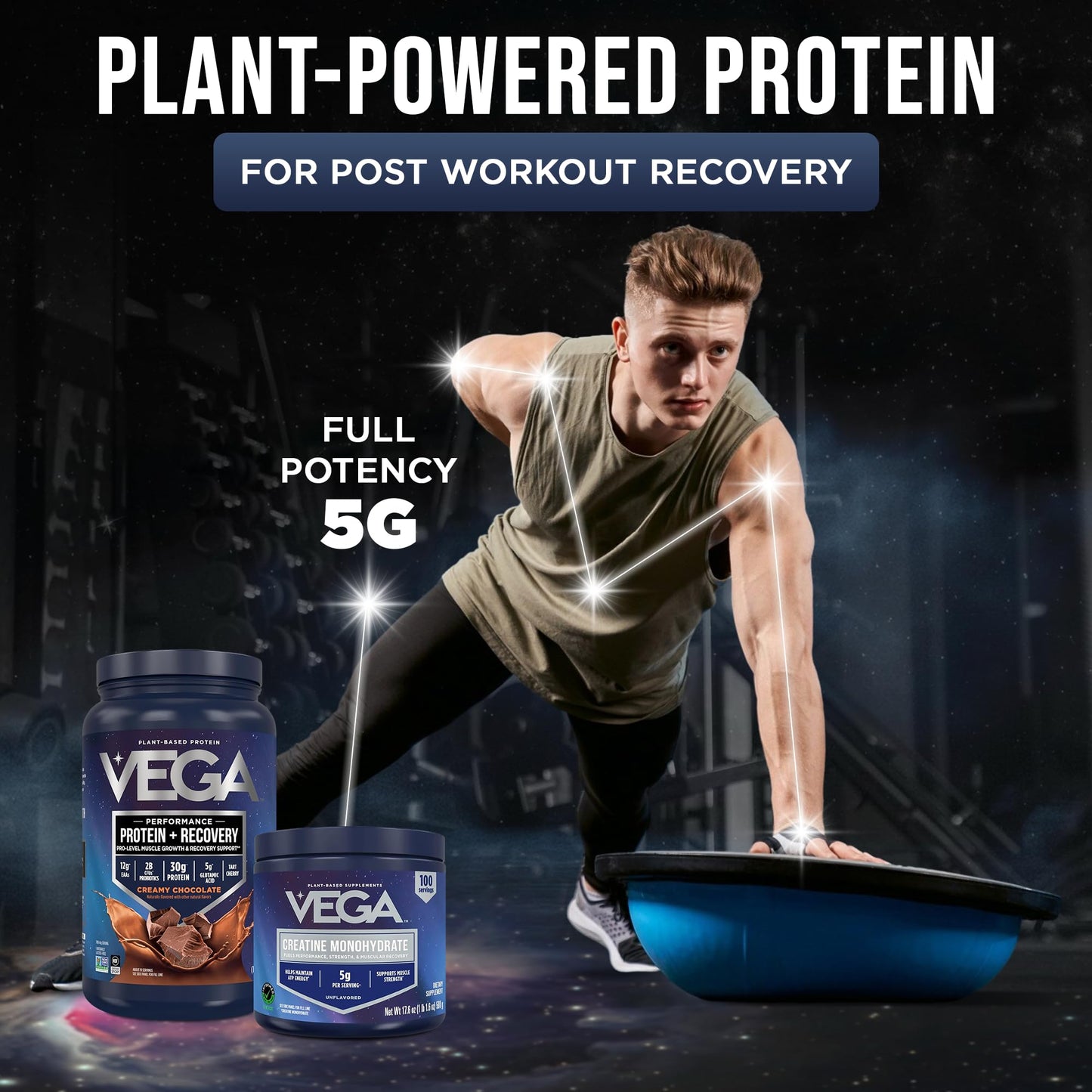 Vega Protein + Recovery Chocolate & Creatine Monohydrate Powder Bundle, Protein Powder 1.8 lb (19 Servings) + Creatine Monohydrate Powder 17.6 oz (100 Servings)