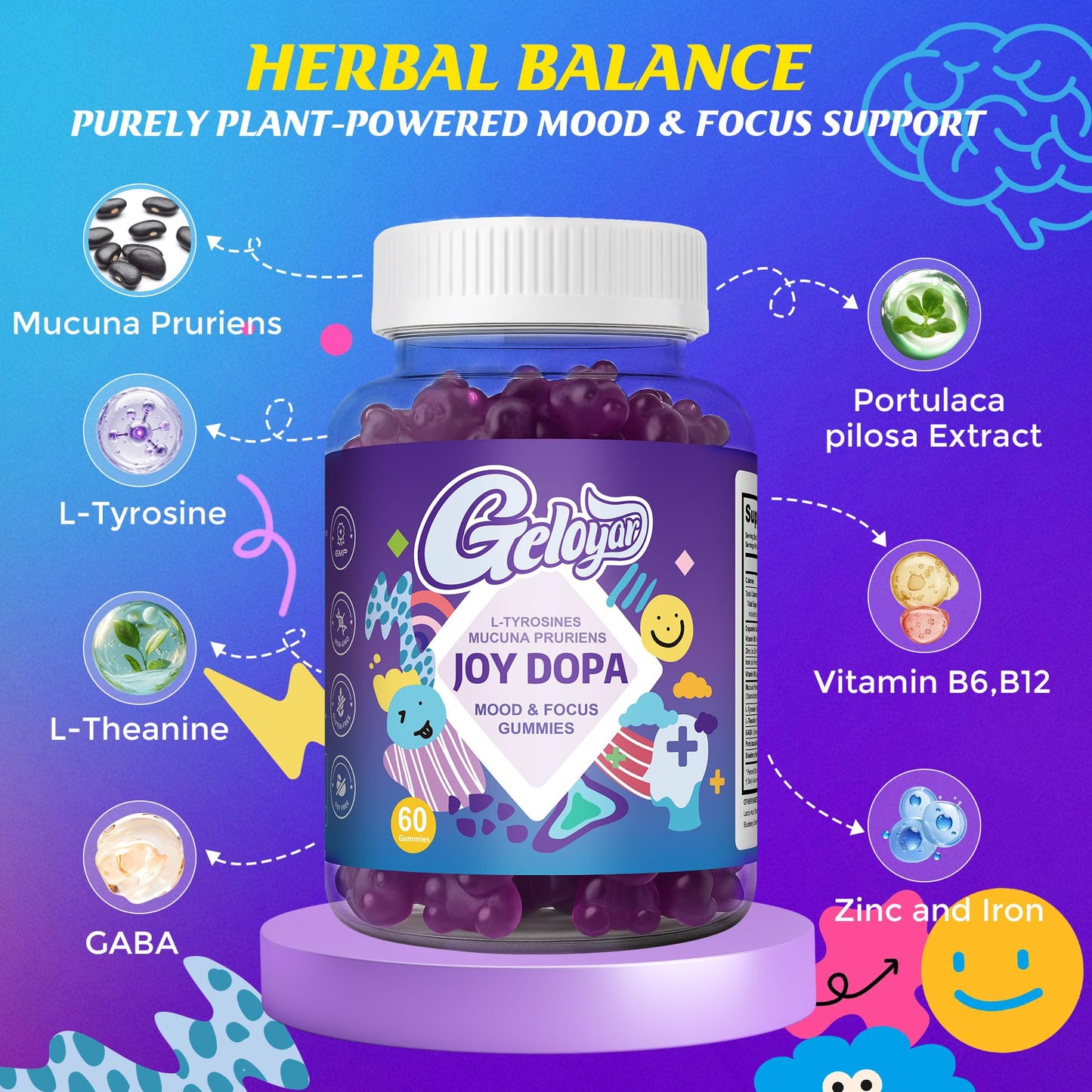 Geloyar Joy Dopa Focus Gummies 60 Count
