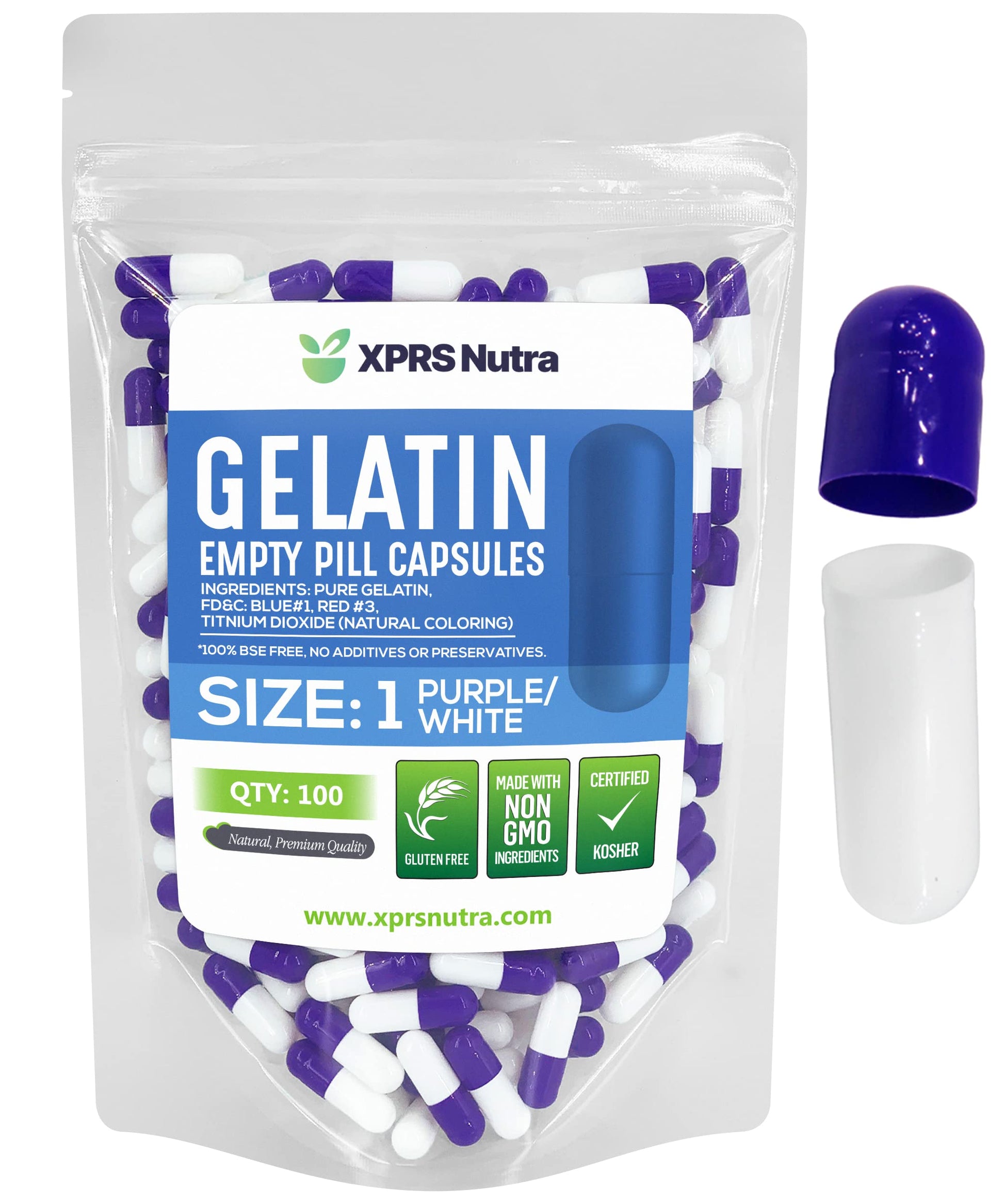 XPRS Nutra Empty Gelatin Capsules Size 1, 100 Count Capsules