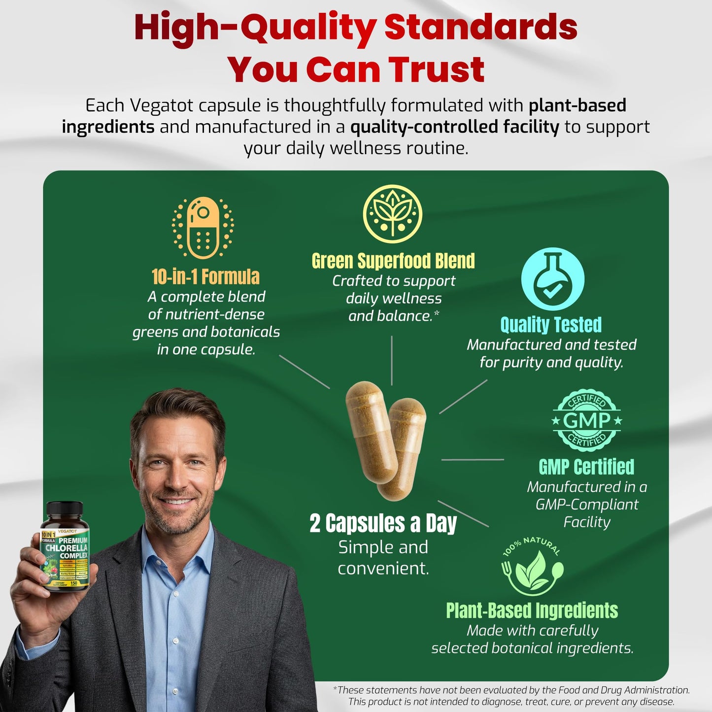 VEGATOT Premium Organic Chlorella Complex 10-in-1 Formula Capsules, 150 Count