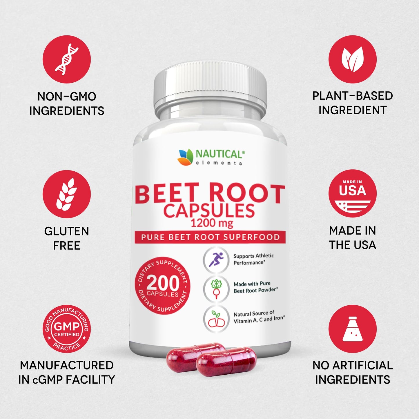 Nautical Elements Beet Root Capsules 1200mg per Serving, 200 Count