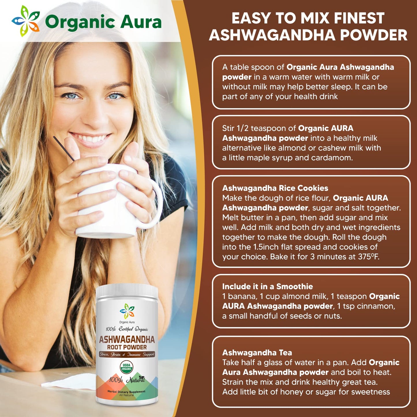 Organic Aura International Ashwagandha Root Powder 8 Oz