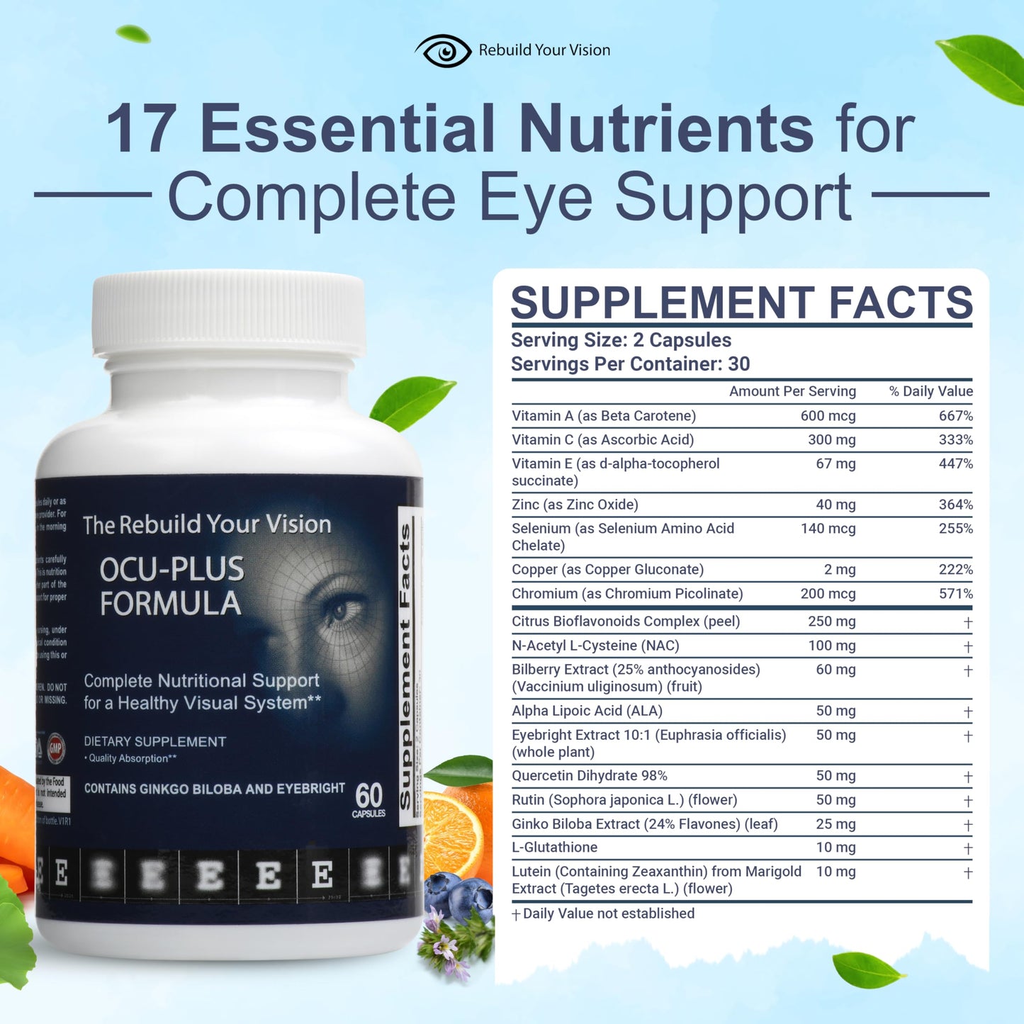 Rebuild Your Vision Ocu-Plus Formula Eye Health Supplement with Lutein & Zeaxanthin, 60 Capsules