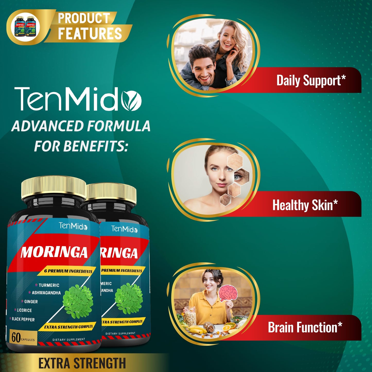 Tenmido Moringa Capsules with Turmeric, Ashwagandha, Ginger, Licorice & Black Pepper, Immune Support & Energy Booster, 120 Capsules