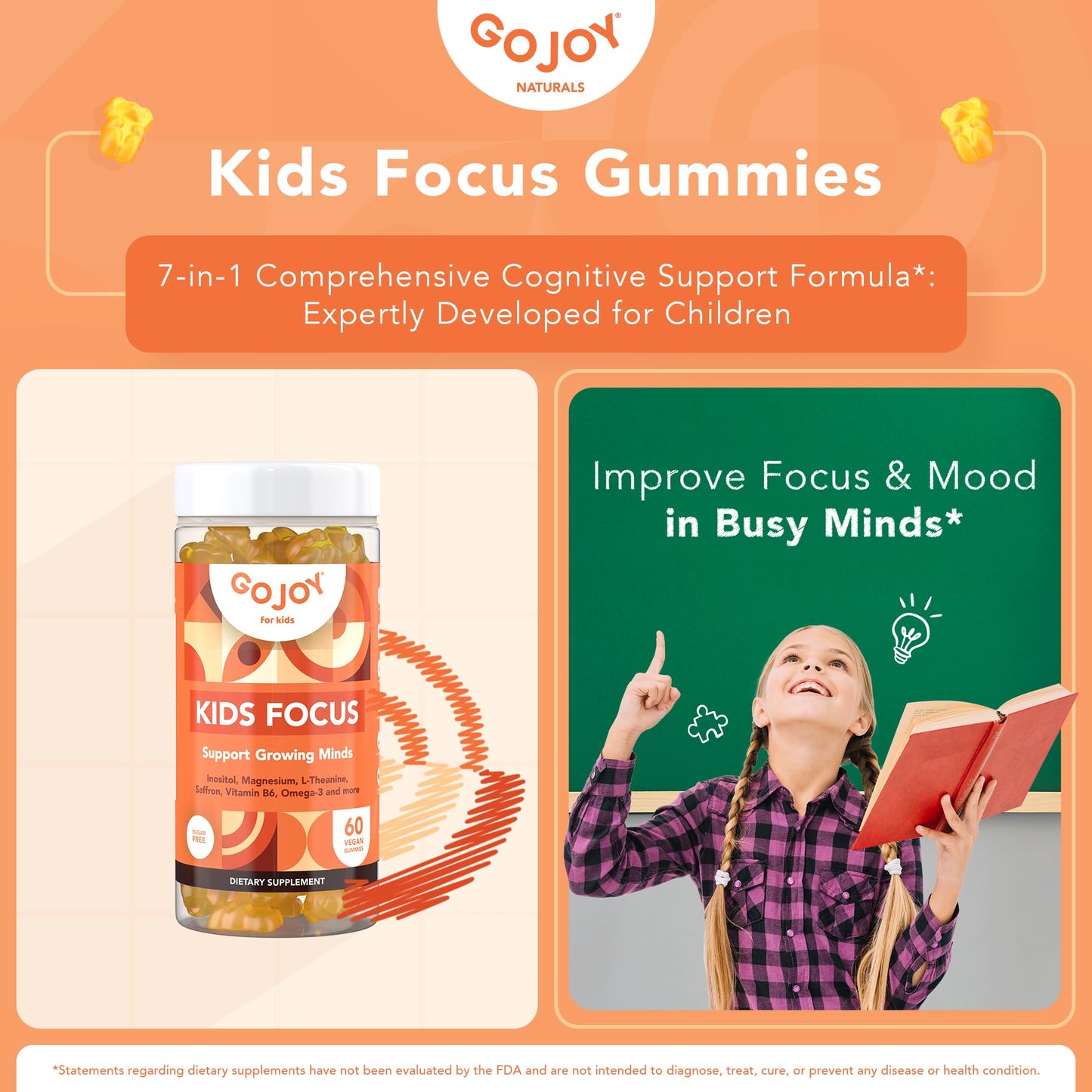 GOJOY NATURALS Kids Omega 3 DHA and 7 in 1 Kids Focus Gummies Bundle, 120 Gummies