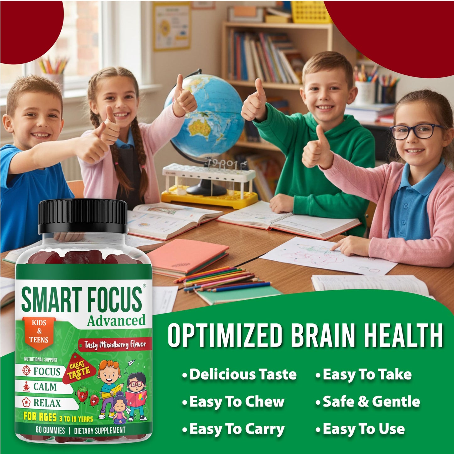 Smart Focus Calm and Focus Supplements for Kids & Teens Magnesium Calm Gummies for Mood & Relaxed Sleep, Natural Mixed Berry Flavor, 60 Gummies