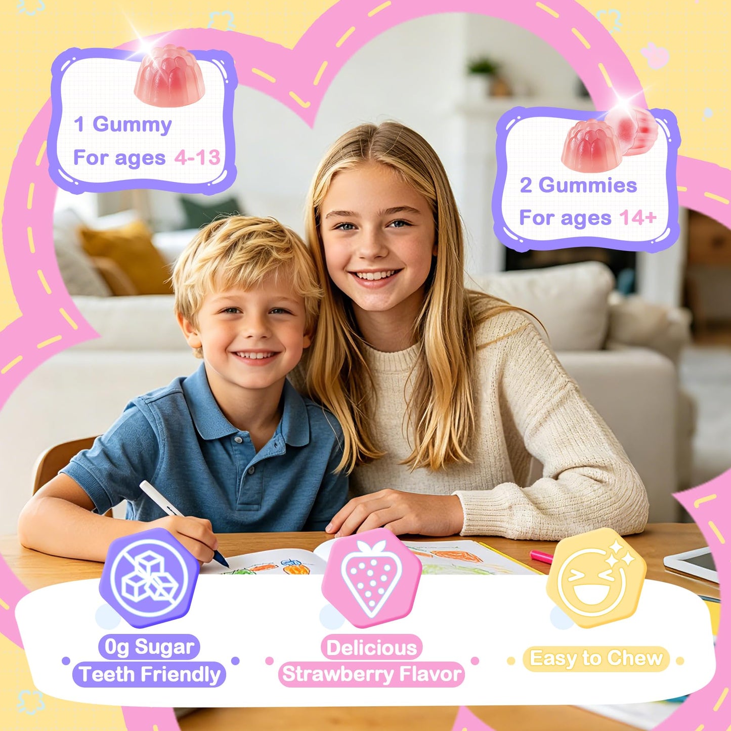 LanranBee Saffron Gummies for Kids & Adults – Calm Focus Mood Support Gummies for Kids 4+ with Magnesium Glycinate, Vegan Omega-3 DHA EPA, L-Theanine, Lion’s Mane, Brain & Immune Support, Sugar Free, 120 Ct
