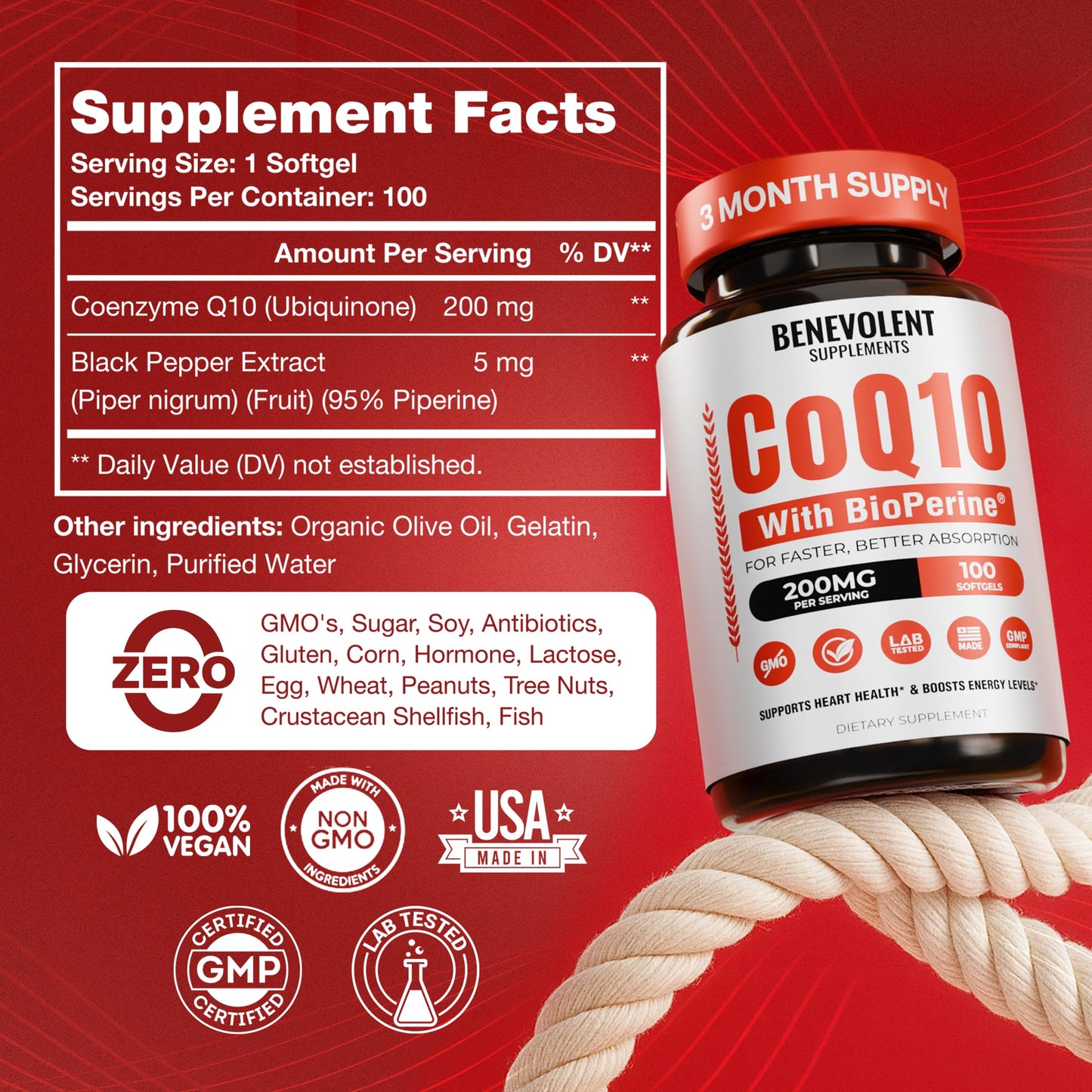 Benevolent Nourishment CoQ10 200mg with BioPerine for Max Absorption Softgels 100 Count