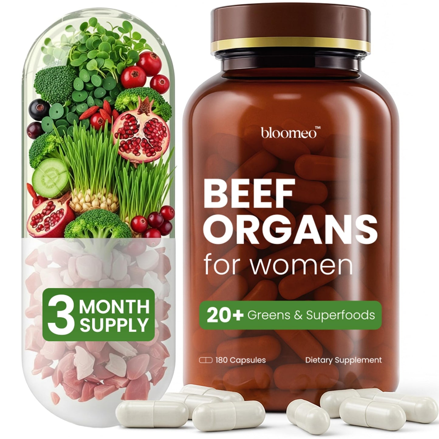 Bloomeo Grass Fed Beef Organ Supplement for Women with Supergreens Capsules 180 Count
