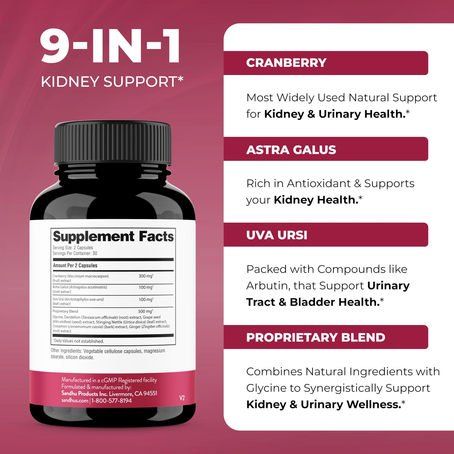 Sandhu's Kidney Cleanse Detox & Repair Support Supplement with Cranberry Extract, Capsule, 60 Count