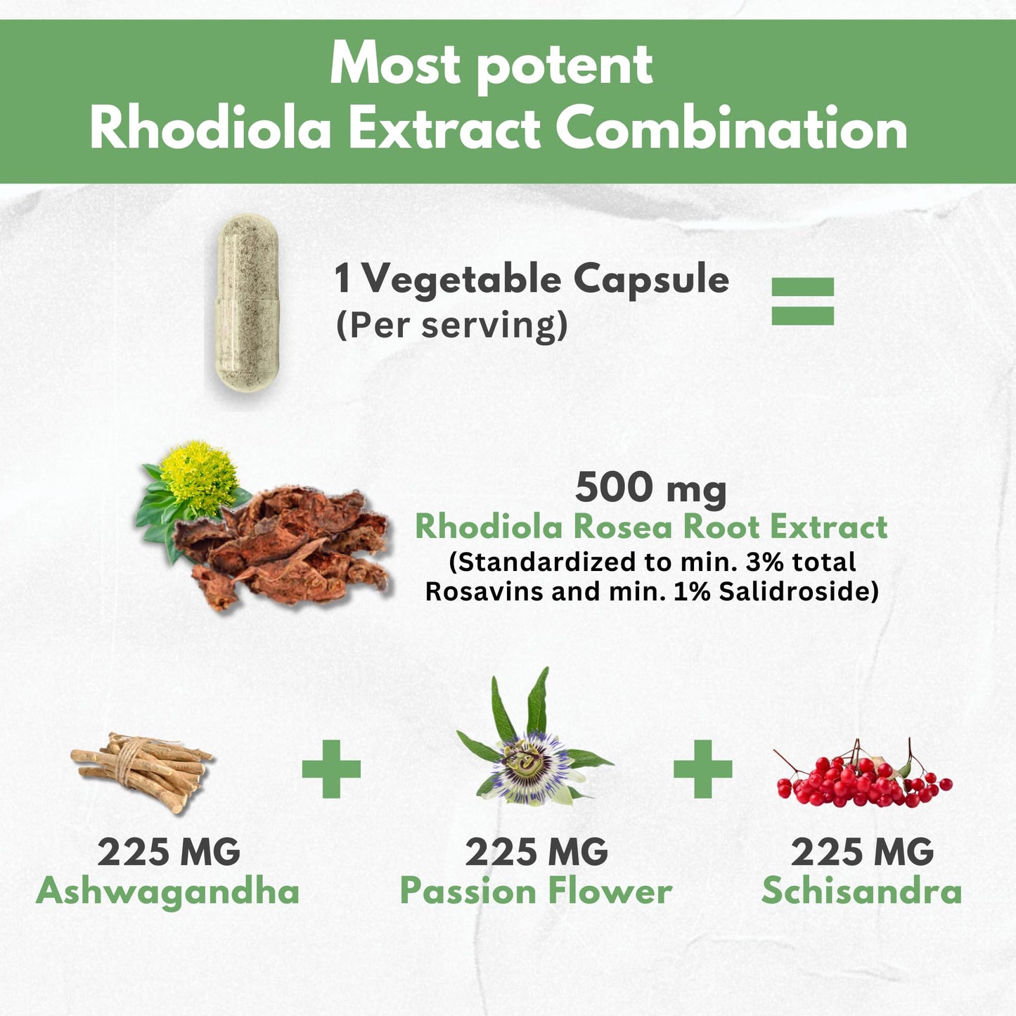 HCL Herbal Code Labs Rhodiola Rosea Supplement High Potency Extract 500mg with Ashwagandha, Shisandra & Passion Flower Capsules, 60 Count