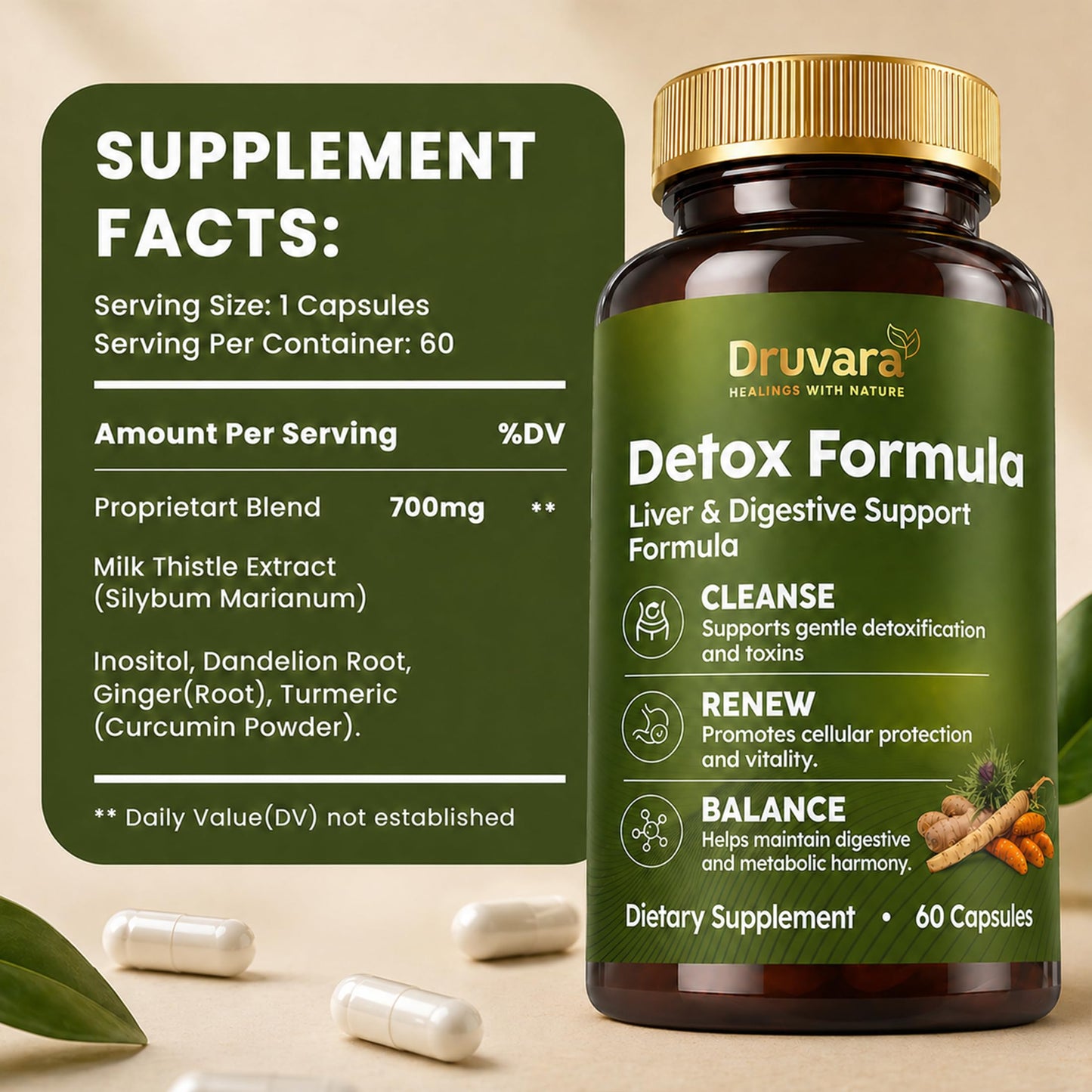 Druvara Detox Capsules with Milk Thistle, Dandelion Root & Herbal Blend, Natural Liver Detox Supplement, Digestion & Energy Support, 60 Capsules
