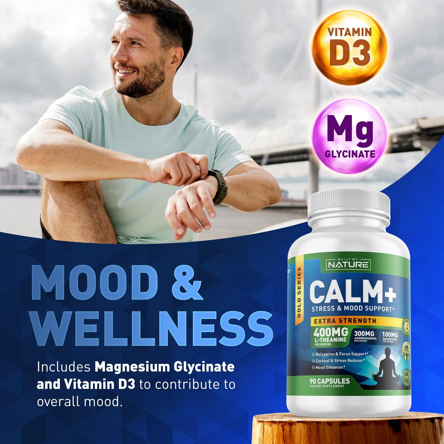 Built by Nature Calm+ Relaxation & Focus – Stress, Cortisol & Mood Support – Calm Supplement with L-Theanine, Ashwagandha, Magnesium Glycinate, Vitamin D3, 90 Capsules