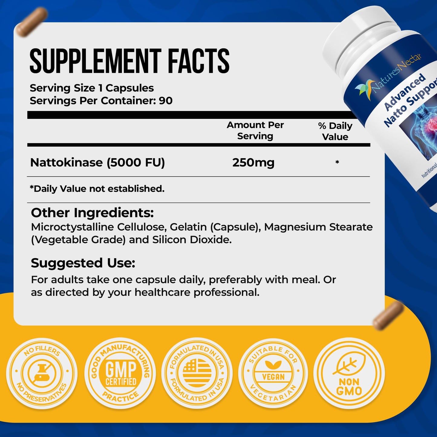 Nature's Nectar Organic Nattokinase Supplement 250mg – Double Strength 5000 FU, 90 Capsules