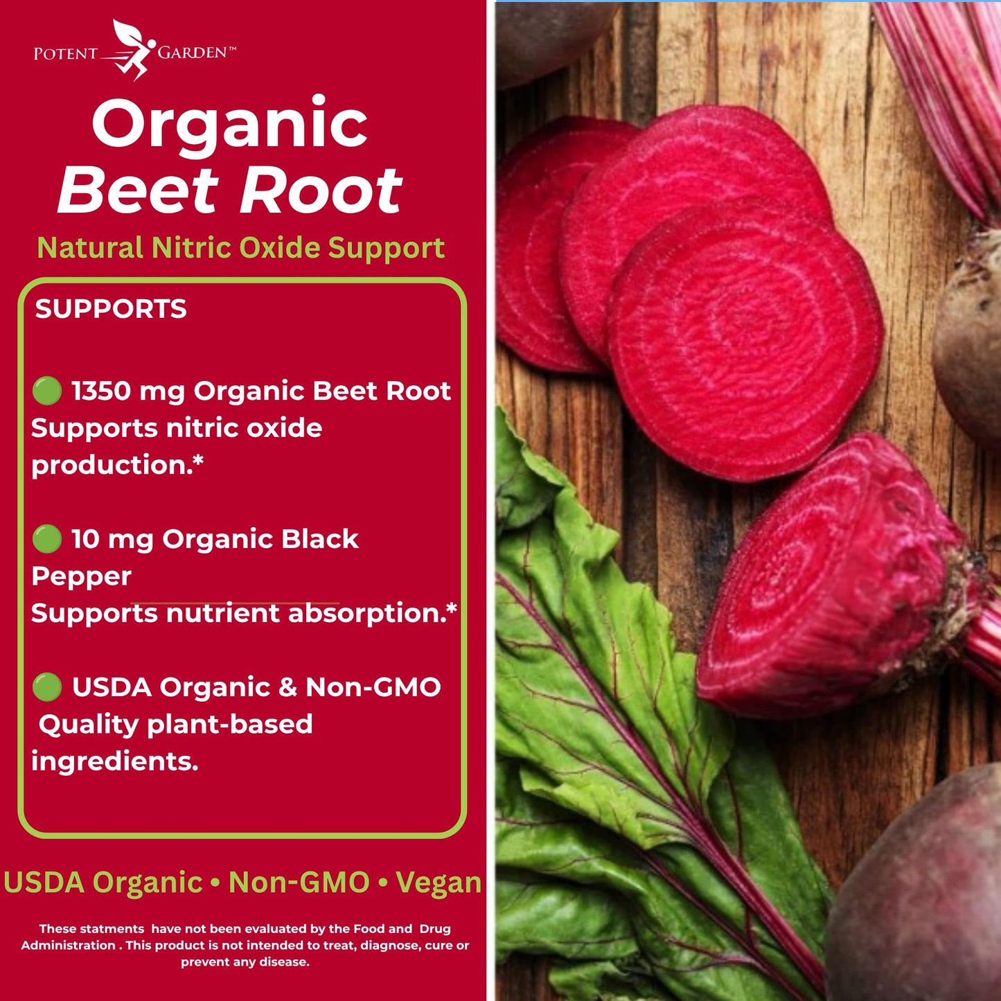 Potent Garden Organic Beet Root Tablets 1350 mg with Black Pepper, 120 Tablets