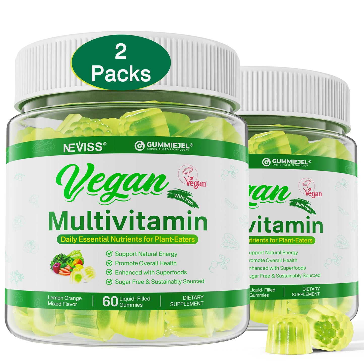 NEVISS Vegan Multivitamin for Women & Men with Methyl B12, D3 K2, Plant Based Omega 3, Iron, Choline, Zinc, Whole Food Daily Vitamins Gummies 120 Count