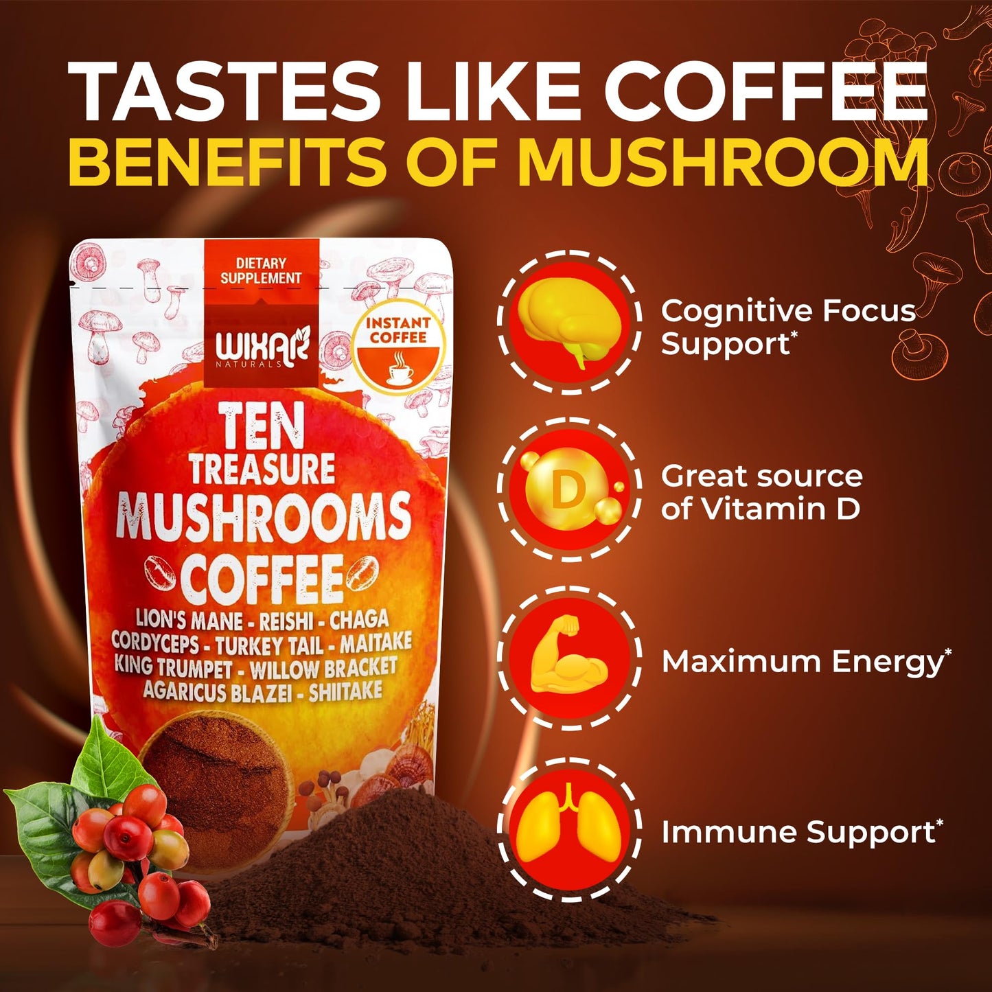 Wixar Naturals Mushroom Coffee Blend - Ten Treasure Mushrooms Extract Instant Coffee Powder, 5 oz
