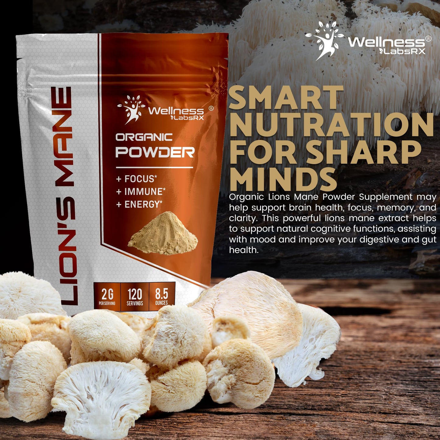 WELLNESS LABSRX Organic Lions Mane Powder 2000mg Mushroom Supplement 8.5 oz