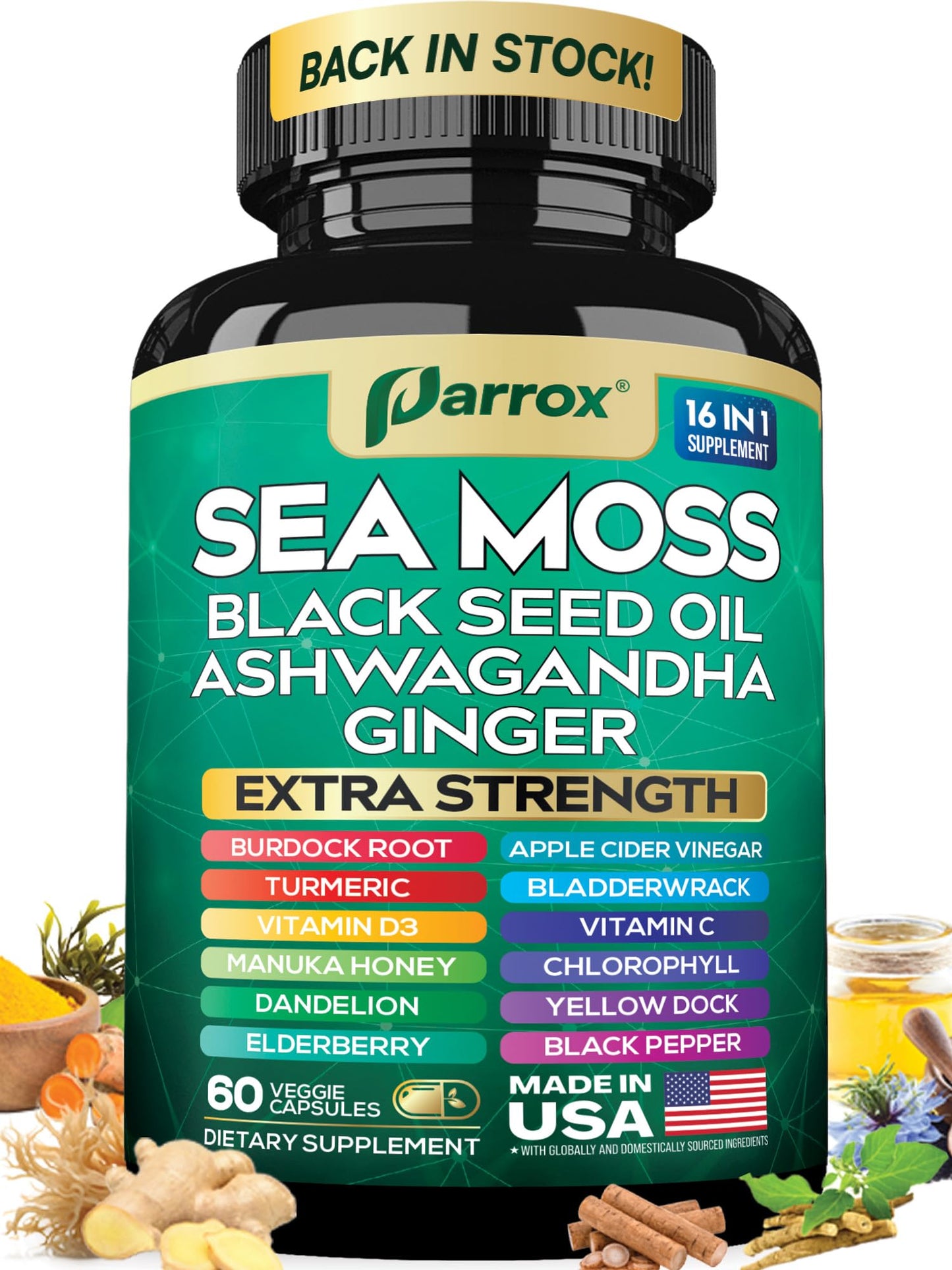 Parrox Sea Moss Black Seed Oil Supplement 16-in-1 Ashwagandha Turmeric Capsules 60