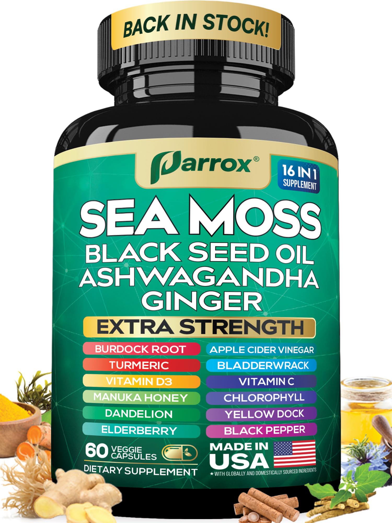 Parrox Sea Moss Black Seed Oil Supplement 16-in-1 Ashwagandha Turmeric Capsules 60