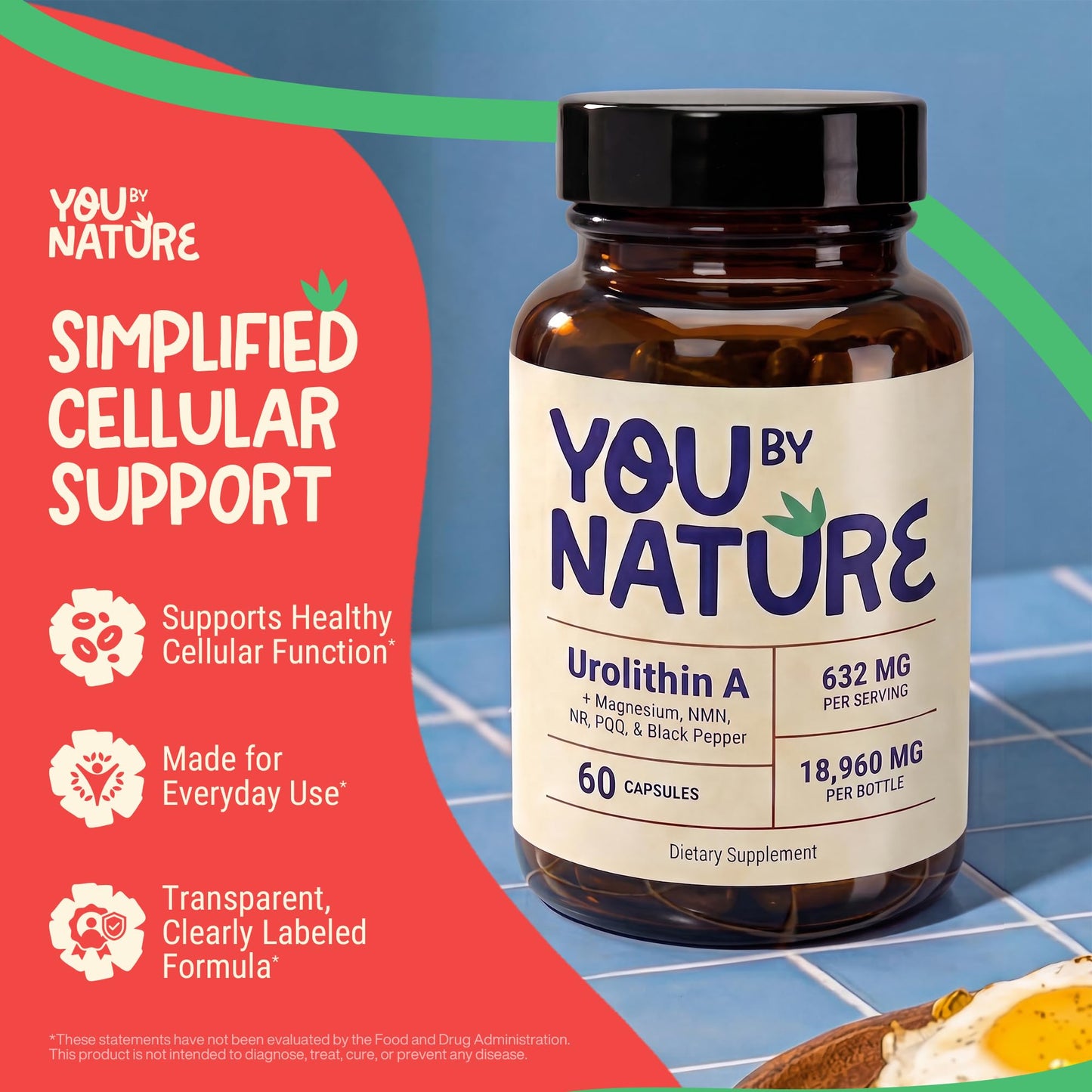 YOUBYNATURE Urolithin A 632mg Supplement with NMN, NR, PQQ, Magnesium Bisglycinate & Black Pepper Extract, Capsule, 60 Count