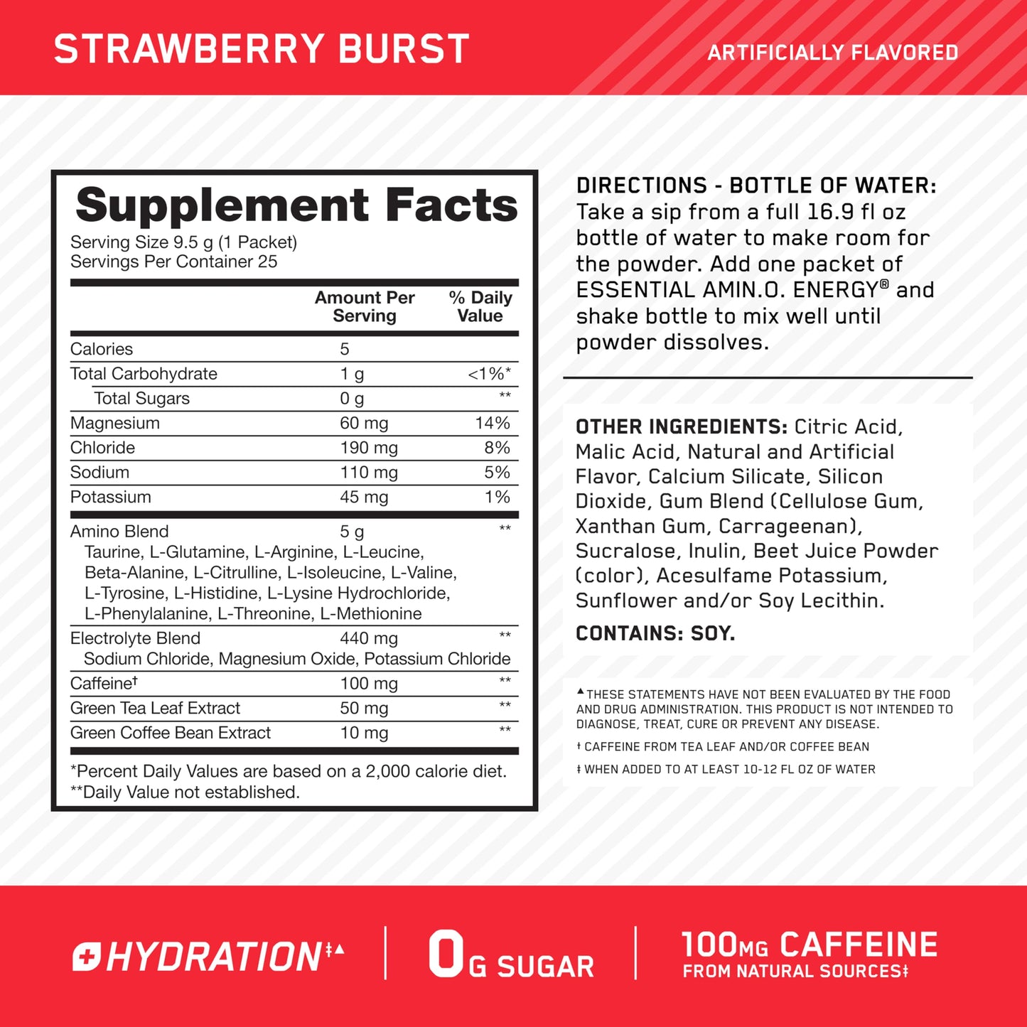 Optimum Nutrition Amino Energy Plus Hydration Packets, On-the-Go Energy Powder Stick Packs, Strawberry Burst, 25 Count