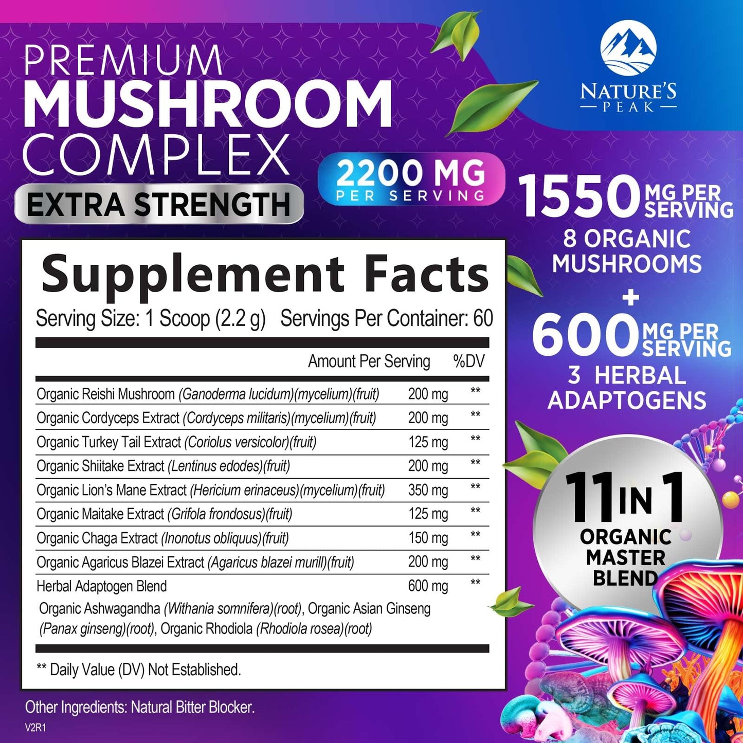 Nature's Peak Mushroom Powder Supplement 11-in-1 Blend Organic Lions Mane Reishi Cordyceps Chaga Turkey Tail Mushroom Extract Powder Brain & Immune Support Bottled in USA 4.6562