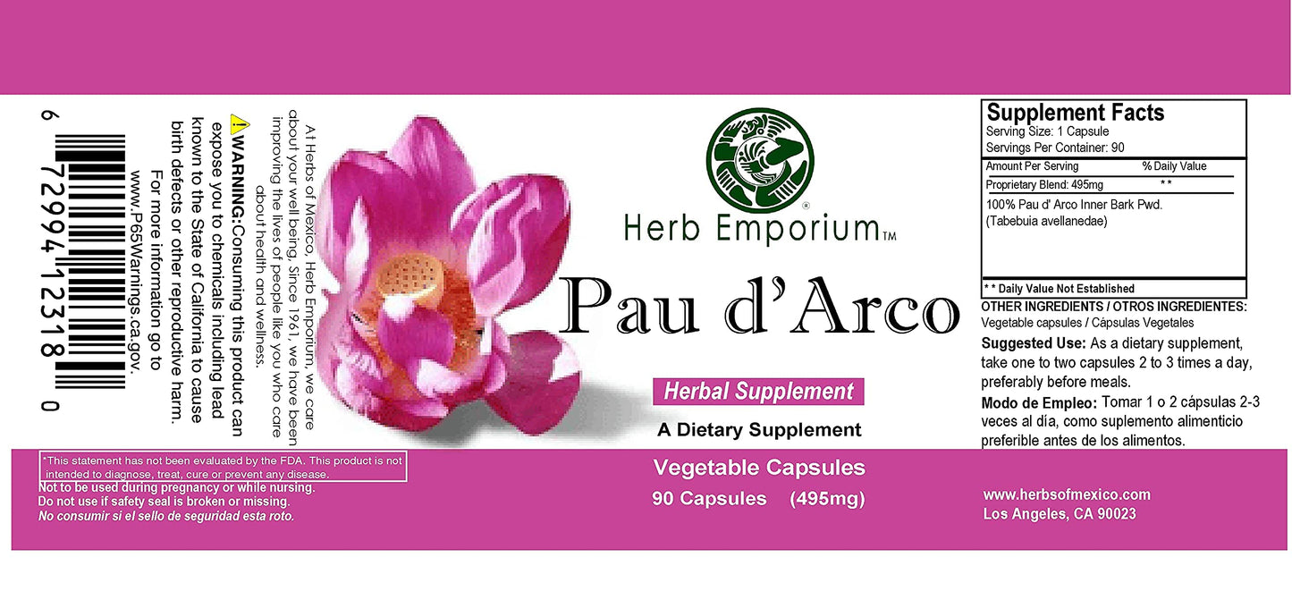 Herbs of Mexico Pau D'Arco Inner Bark (Tabebuia impetiginosa) 495mg Capsules, 90 Count