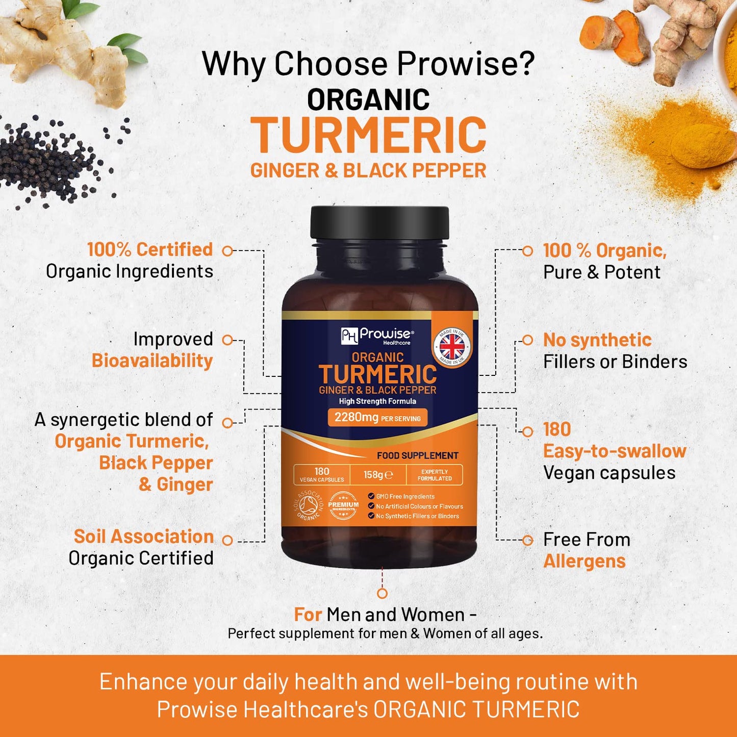 PH PROWISE Healthcare Turmeric 2280mg High Strength with Black Pepper & Ginger Curcumin Capsules, 180 Count