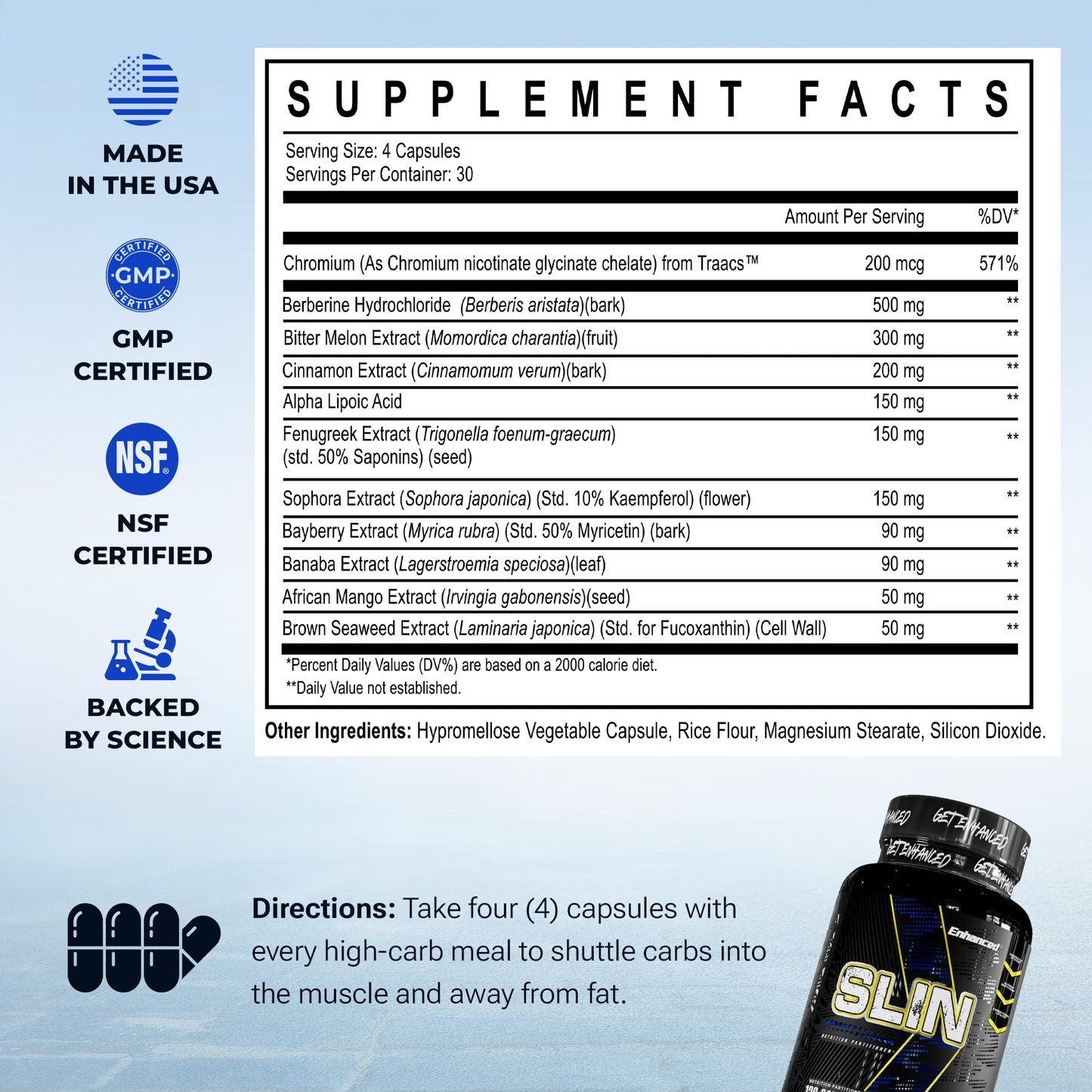 Enhanced SLIN 11-in-1 Clinical Glucose Disposal Agent (GDA) - Optimizes Natural Glucose Response & Carb Utilization - Muscle Glycogen Matrix - Berberine HCl, Bitter Melon, ALA - 120 Capsules