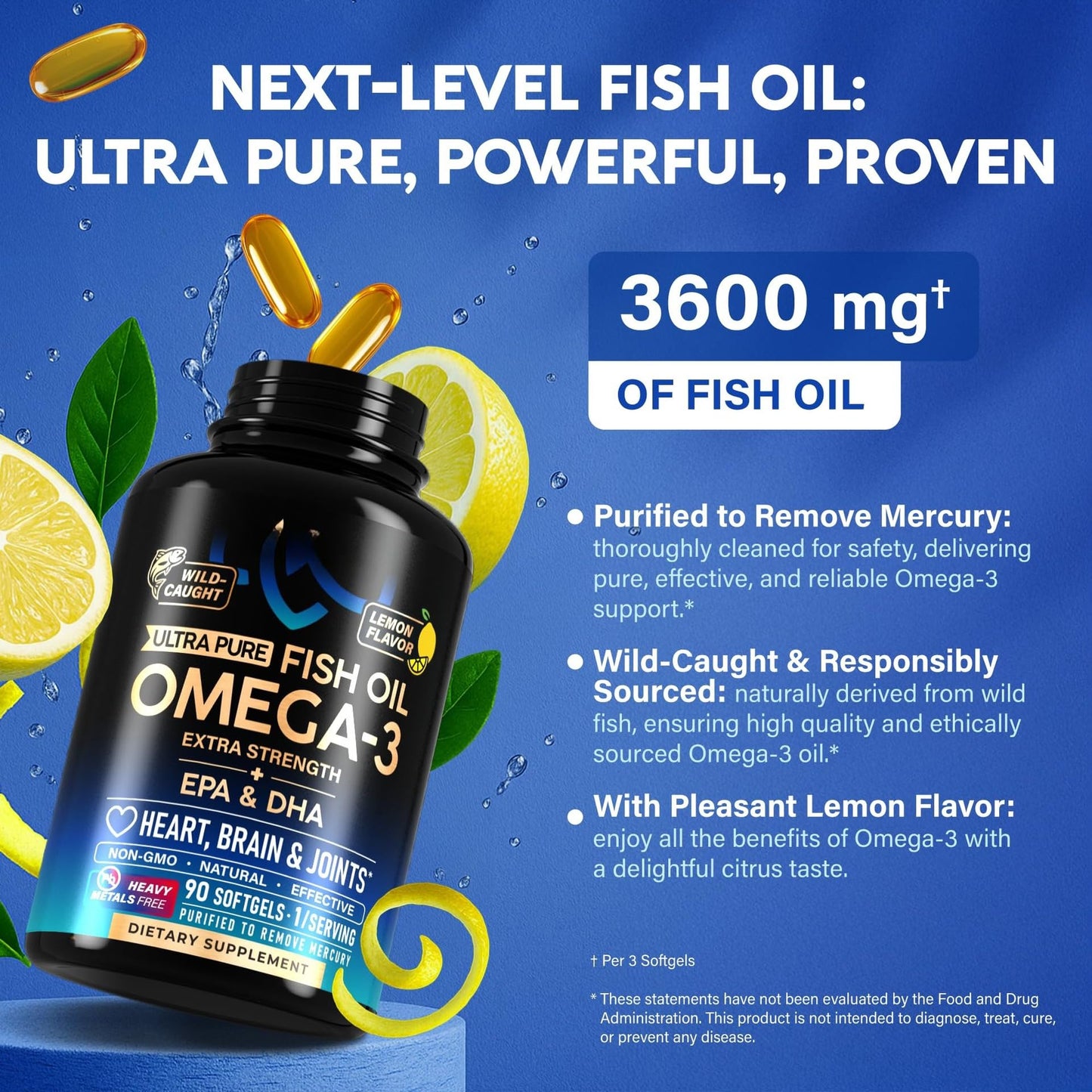 Yeloart Ultra Pure Omega 3 Fish Oil 3600mg Per Serving, EPA & DHA Wild Caught Lemon Flavor Capsules, Mercury & Heavy Metal Free, Non-GMO Dietary Supplement for Heart, Brain & Joint Support, 60 Count
