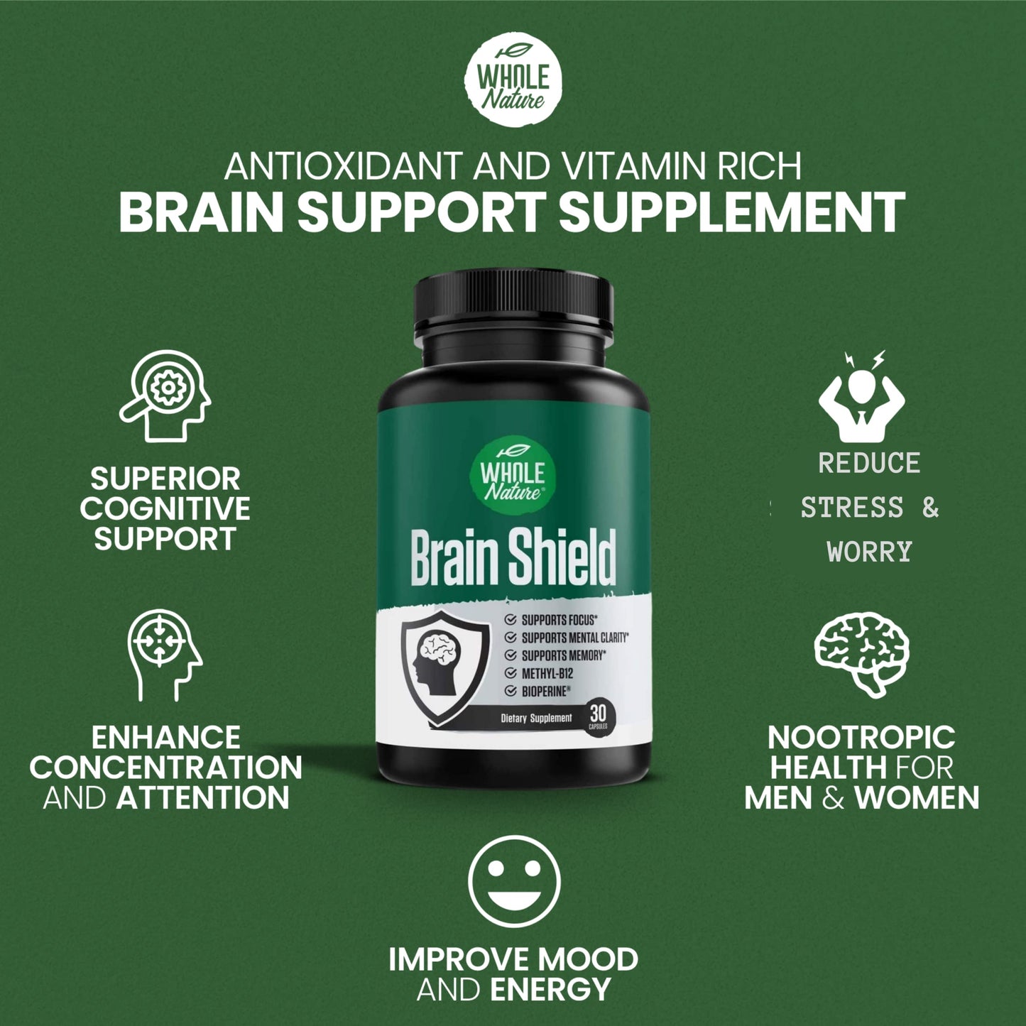 Whole Nature Brain Booster Nootropics - Brain Shield with Ginkgo Biloba, Alpha GPC & Bacopa Monnieri, Vitamin B12 & B3 Capsule, 30 Count
