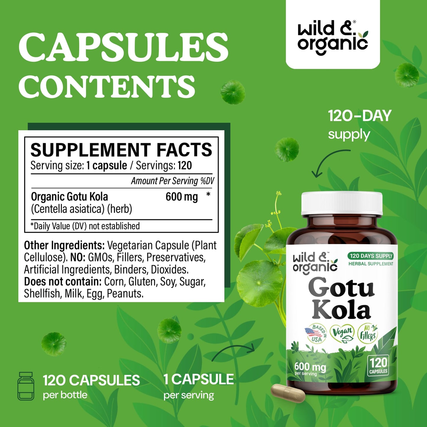 Wild & Organic Gotu Kola Capsules 600 mg, 120 Count