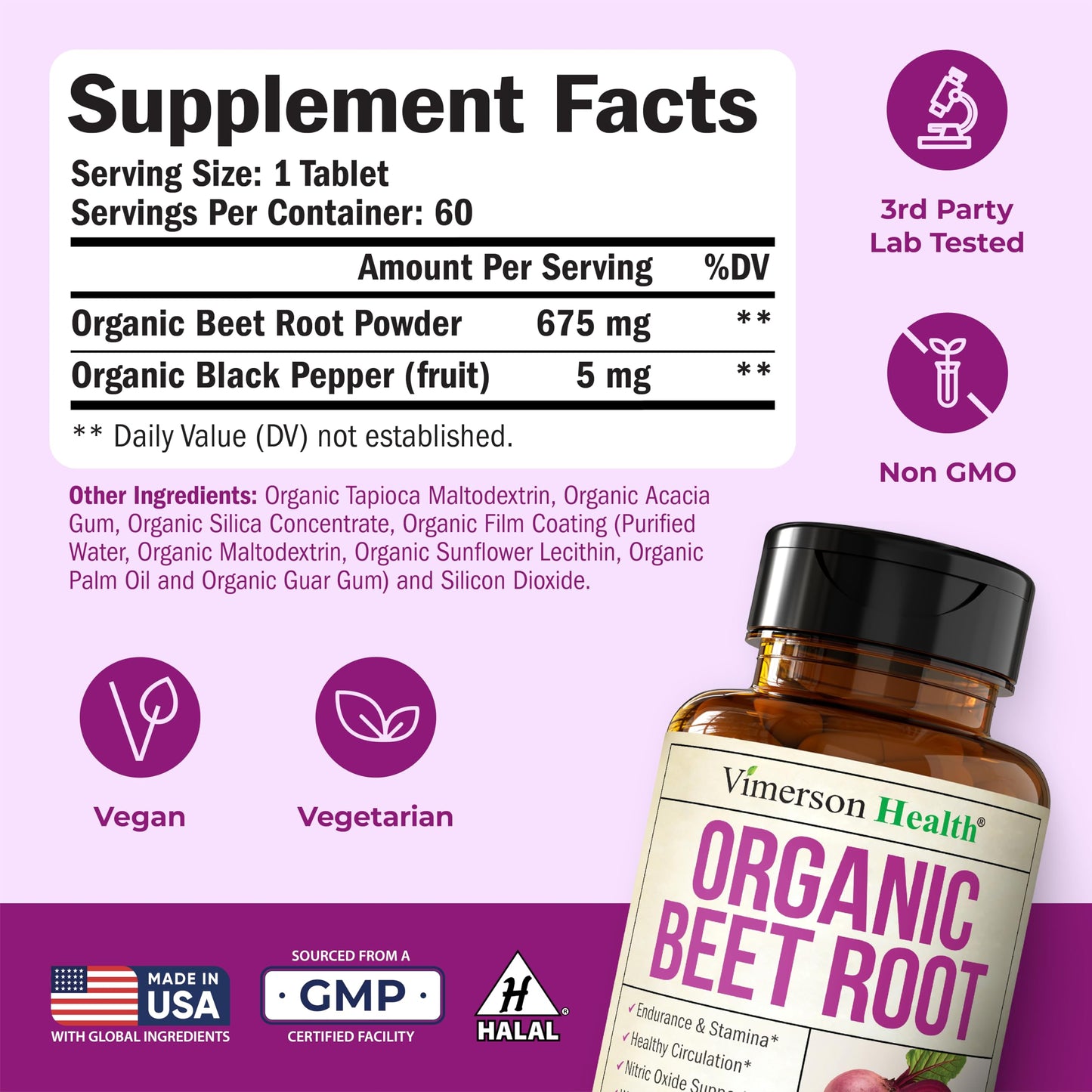 Vimerson Health Beetroot Tablets with Black Pepper, 60 Tablets